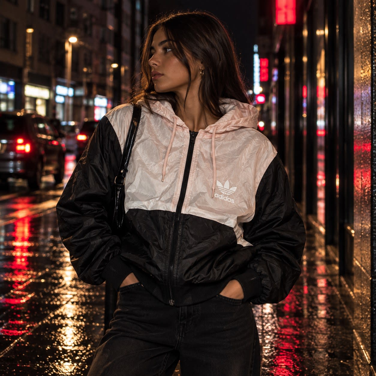 Chaqueta Adidas Originals rosa y negra con capucha, vista principal