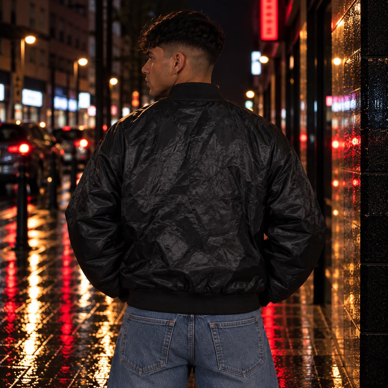 Chaqueta bomber negra satinada con parche bordado estilo college, segunda vista