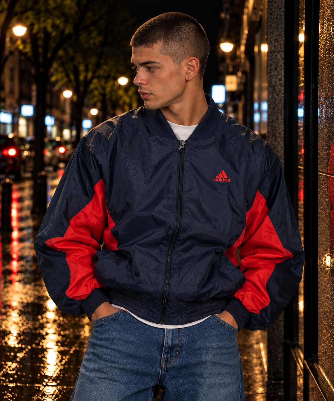 Chaqueta Adidas azul marino con detalles rojos, vista principal