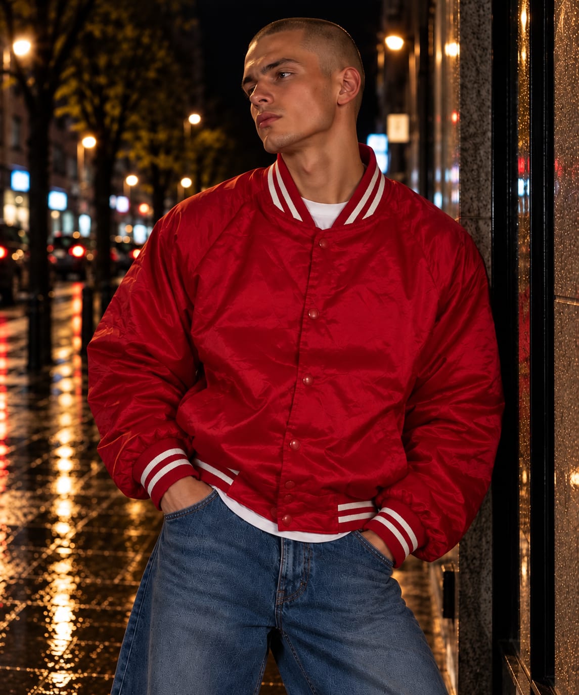 Chaqueta bomber roja satinada estilo universitario, vista principal