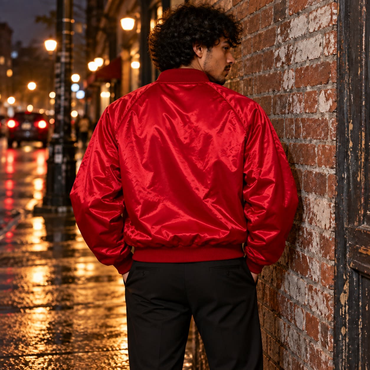 Chaqueta bomber roja satinada con bordado frontal estilo college, segunda vista