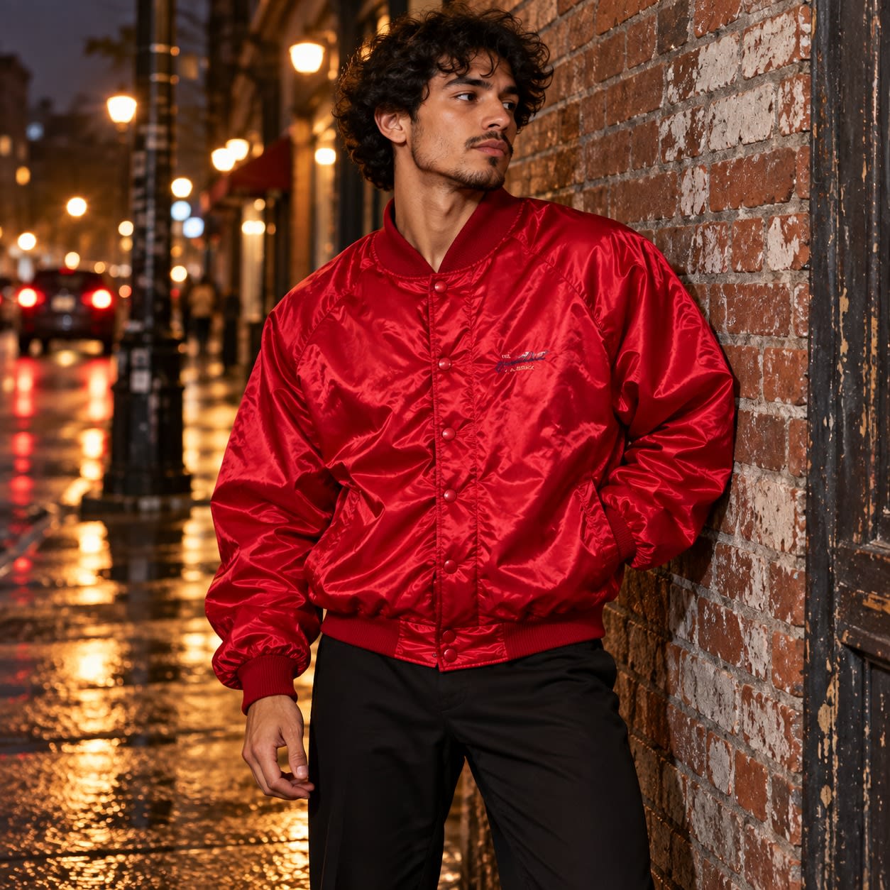 Chaqueta bomber roja satinada con bordado frontal estilo college, vista principal