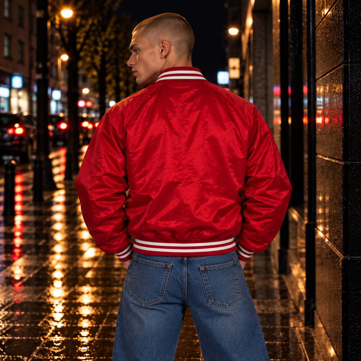 Chaqueta bomber roja satinada estilo universitario, segunda vista