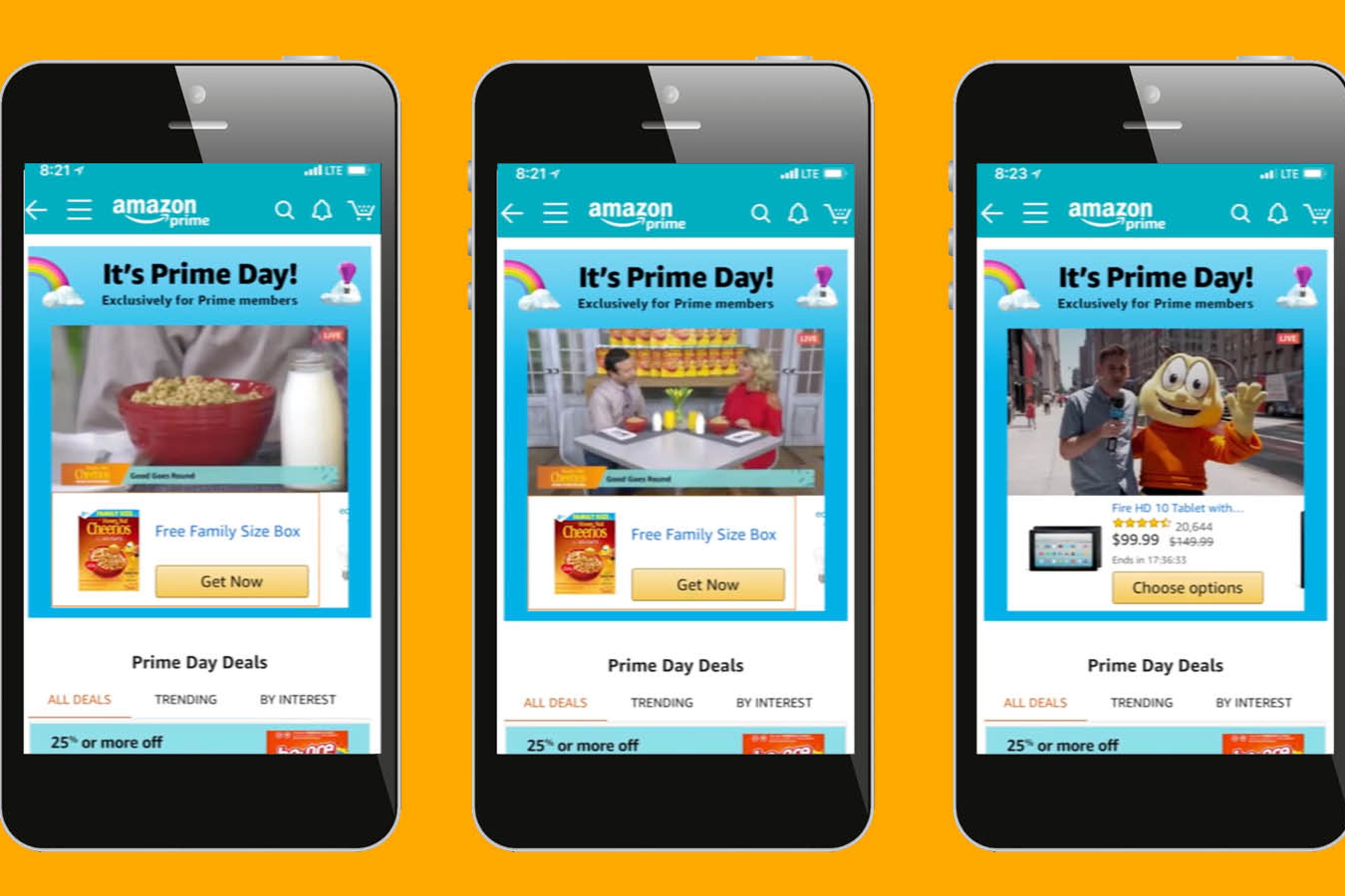 Three mobile phones showing Cheerios Prime Day Hack