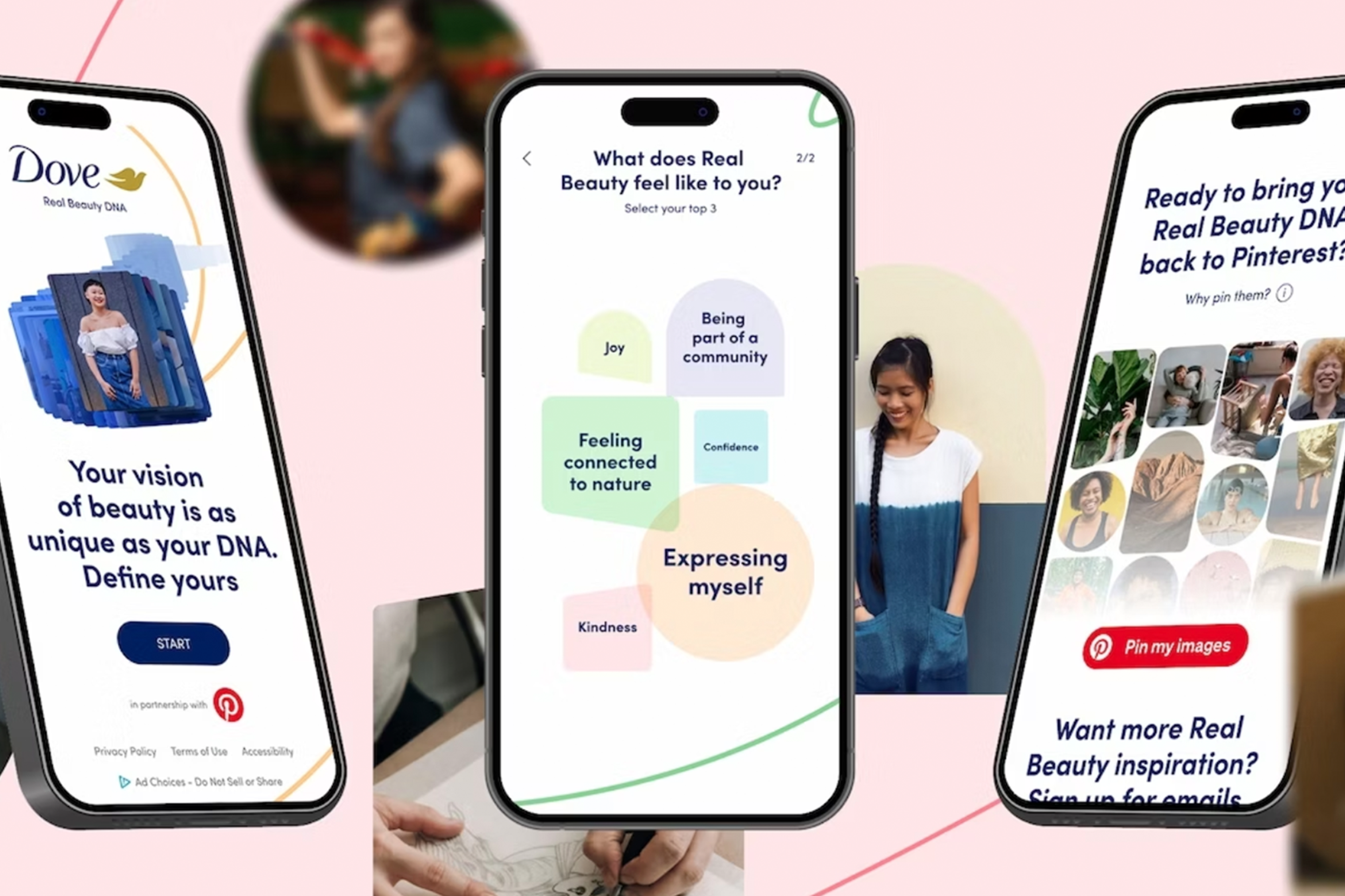 Phone mockups of the Dove Real Beauty experience on Pinterest
