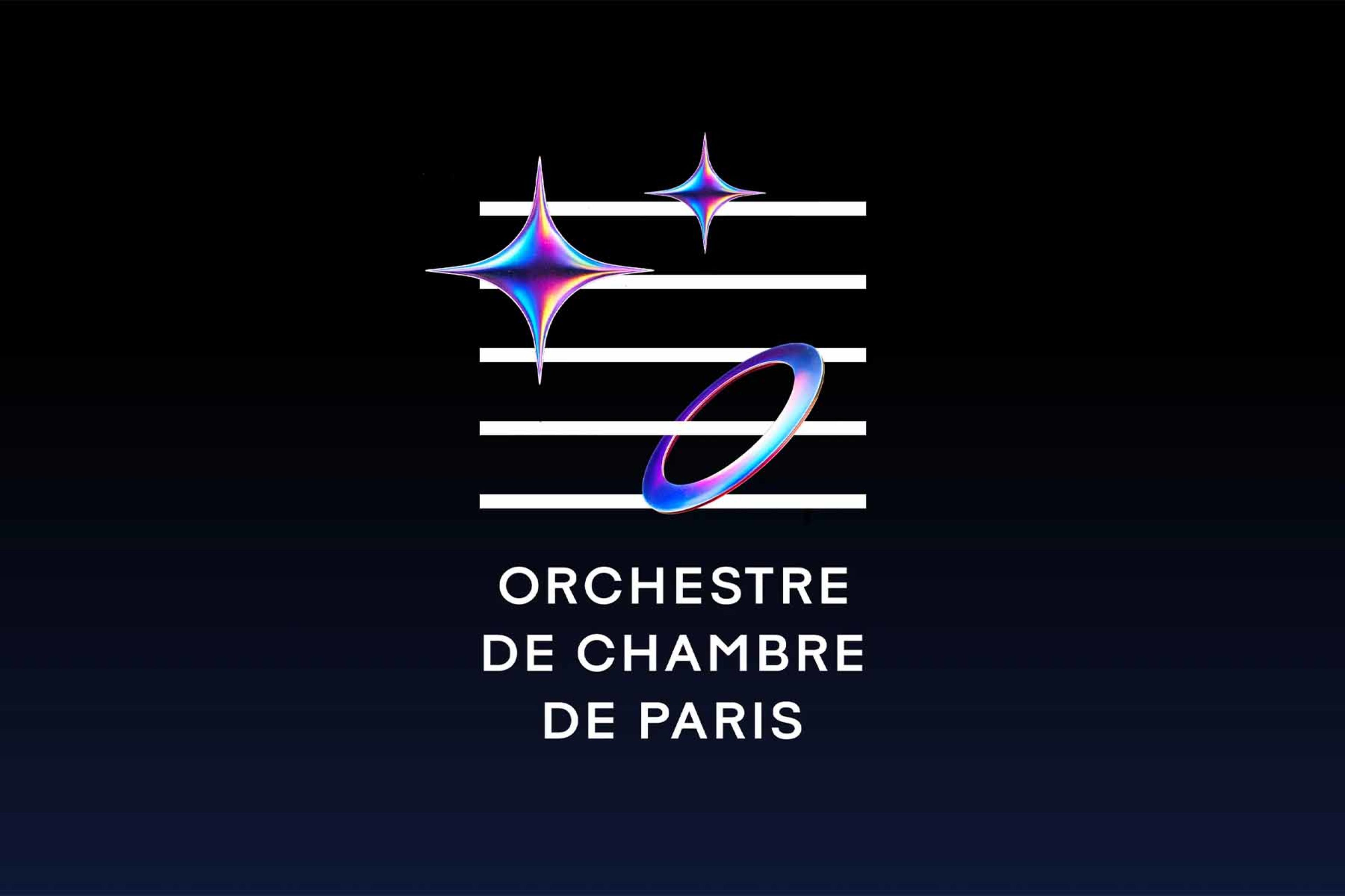 A dark, gradient background transitions from black at the top to a deep indigo at the bottom. Centered in the image is a stylized logo for the "Orchestre de Chambre de Paris." The logo consists of five horizontal white lines, resembling a musical staff. Interspersed among these lines are three iridescent, shimmering shapes that appear to be three-dimensional.
