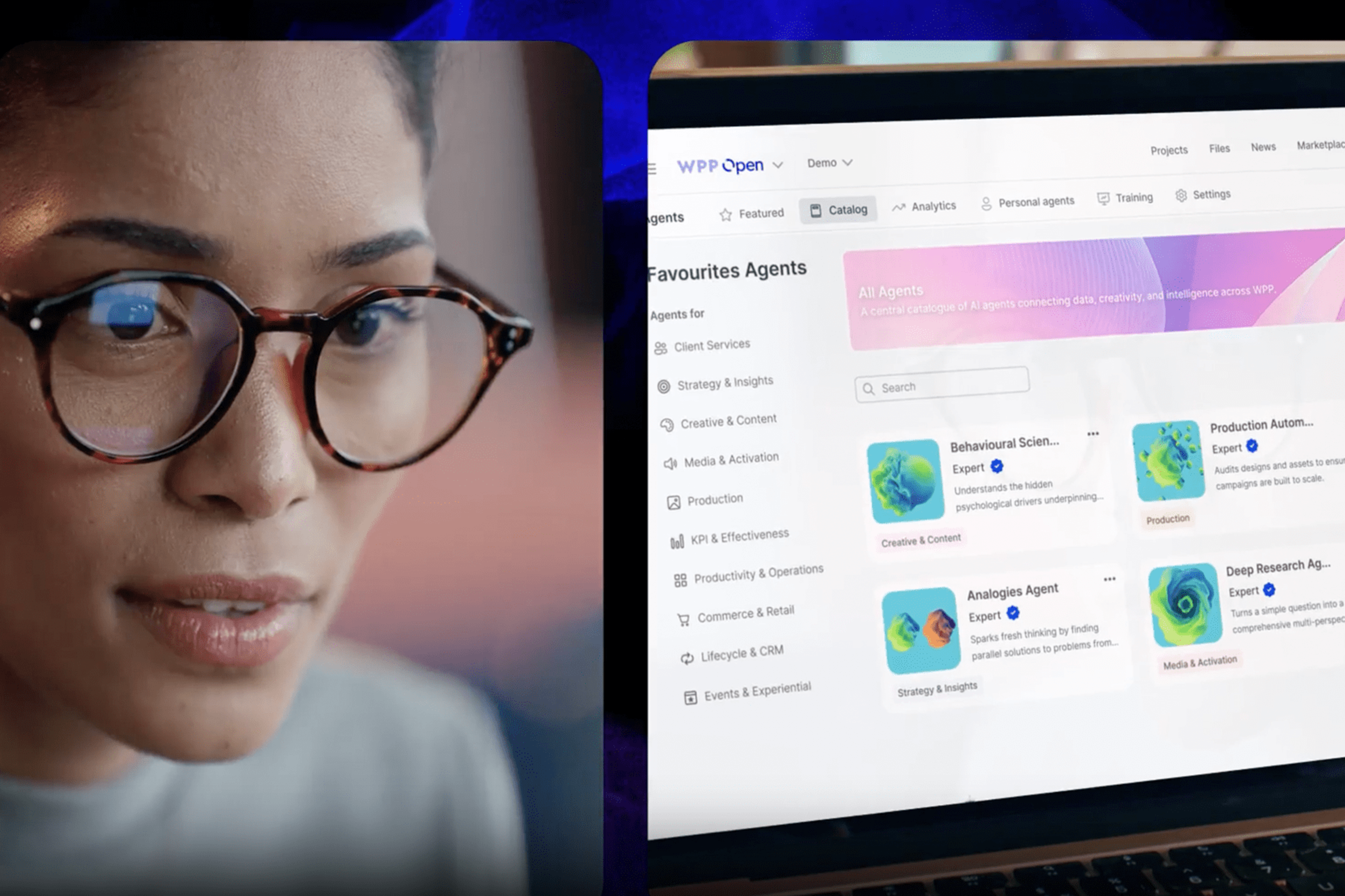 A woman wearing glasses looks intently at a laptop screen displaying the "WPP Open" platform. The screen shows a "Catalog" of various AI agents, including "Behavioural Scien...", "Production Autom...", "Analogies Agent," "Deep Research Ag...", "Strategic Signals," and "Brand Analytics A...", categorized by functions like "Strategy & Insights" and "Production."