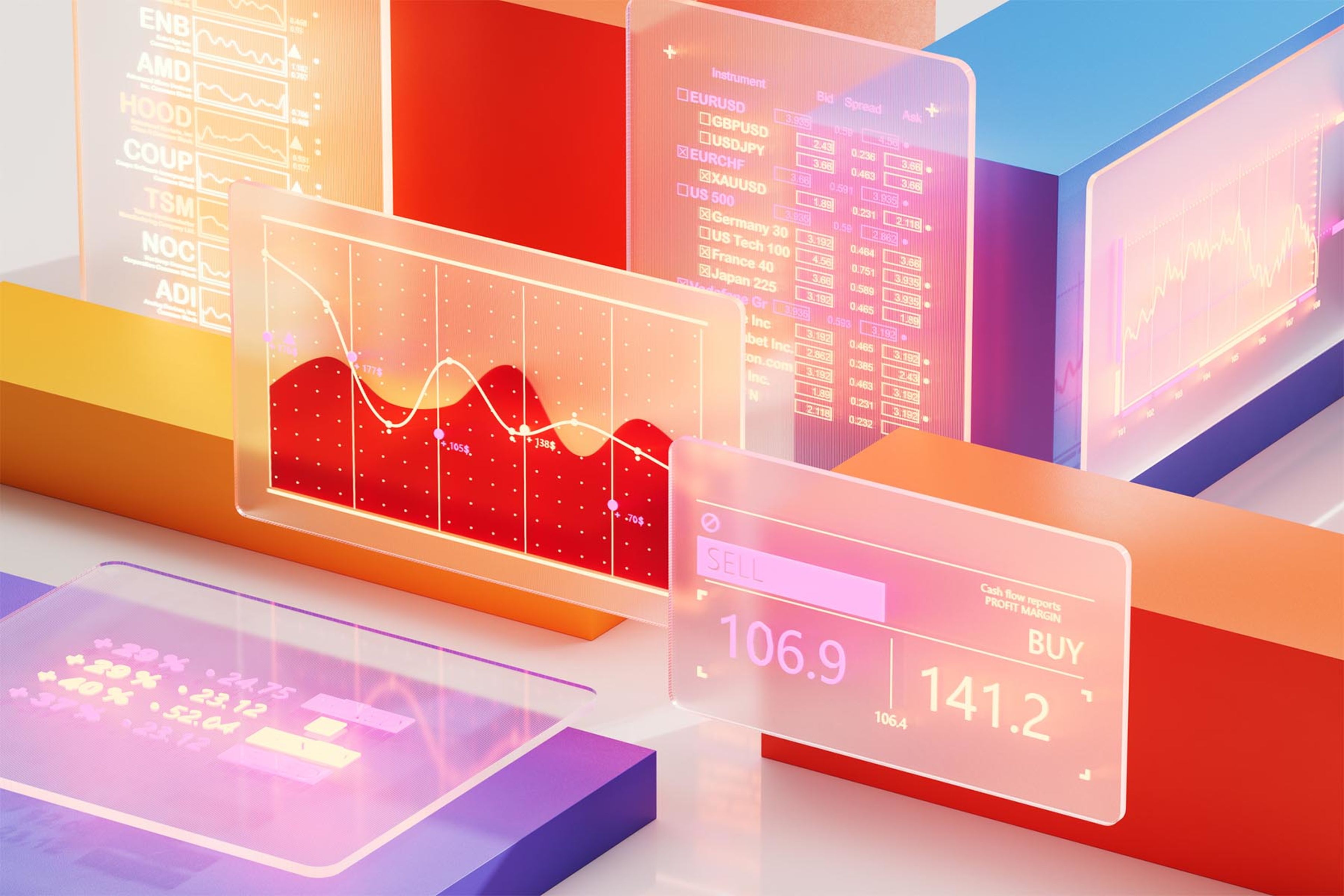 Multiple transparent screens display financial data and charts on a colourful background of geometric blocks. One screen shows a red area chart with a fluctuating white line. Another lists instrument values such as EURUSD and GBPUSD alongside bid spread and ask prices. A third screen indicates sell and buy prices. Other screens show stock tickers and percentages.