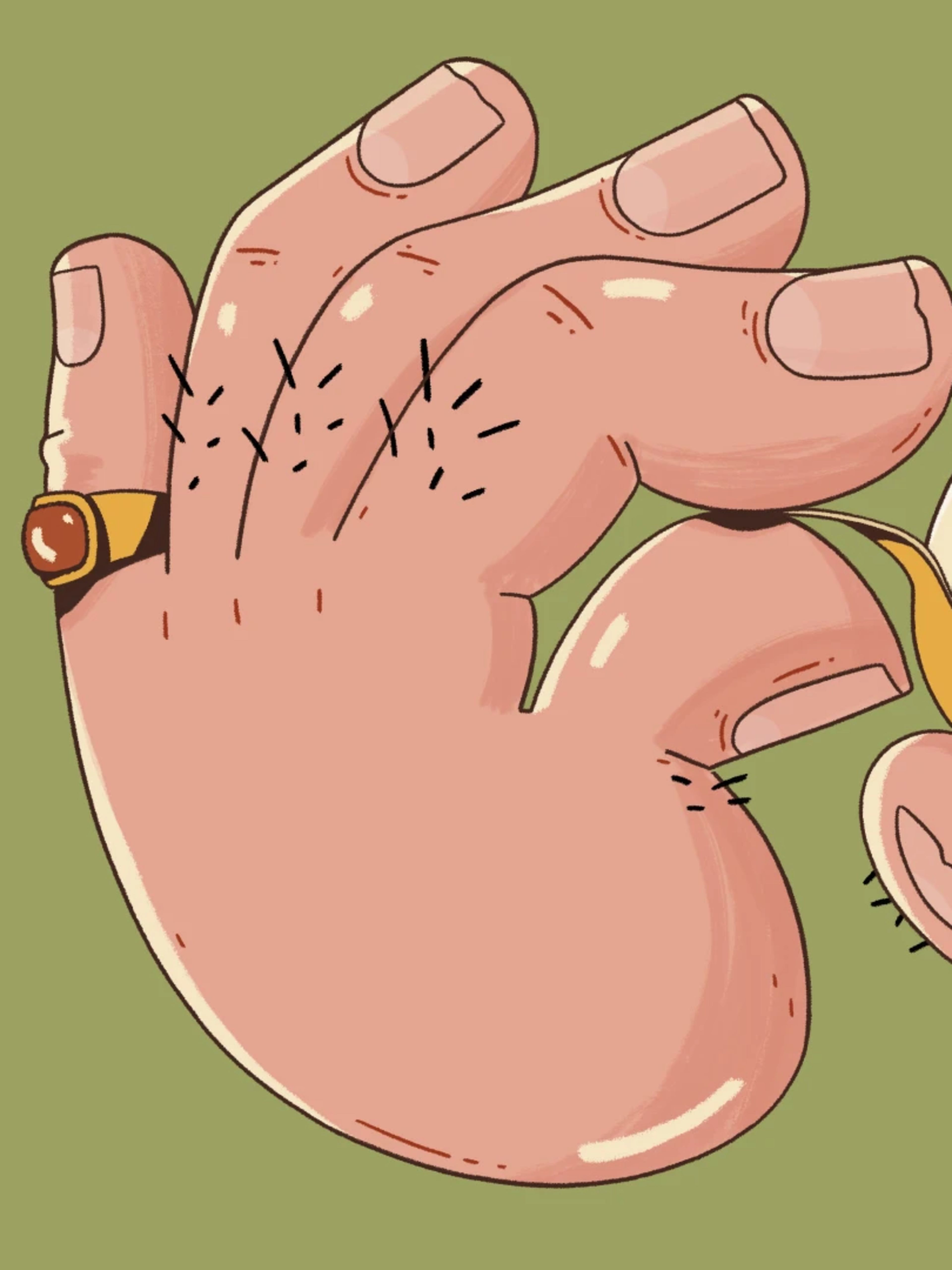 A surreal, stylised cartoon illustration on a green background showing giant, oversized hands carefully peeling an incredibly tiny banana, symbolising a delicate or meticulous task.