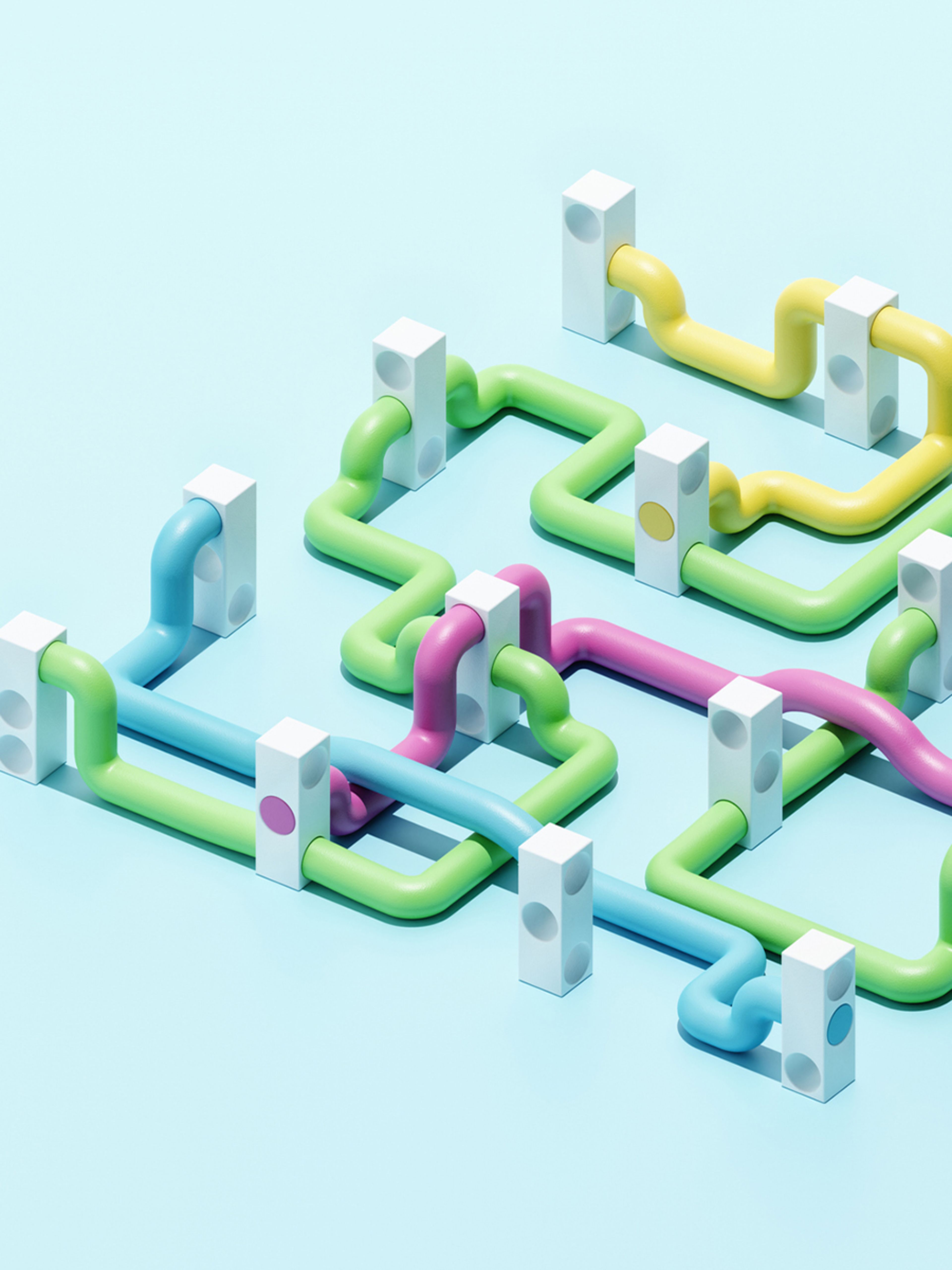 Colorful 3D isometric maze with interconnected pipes in green, blue, yellow, and pink