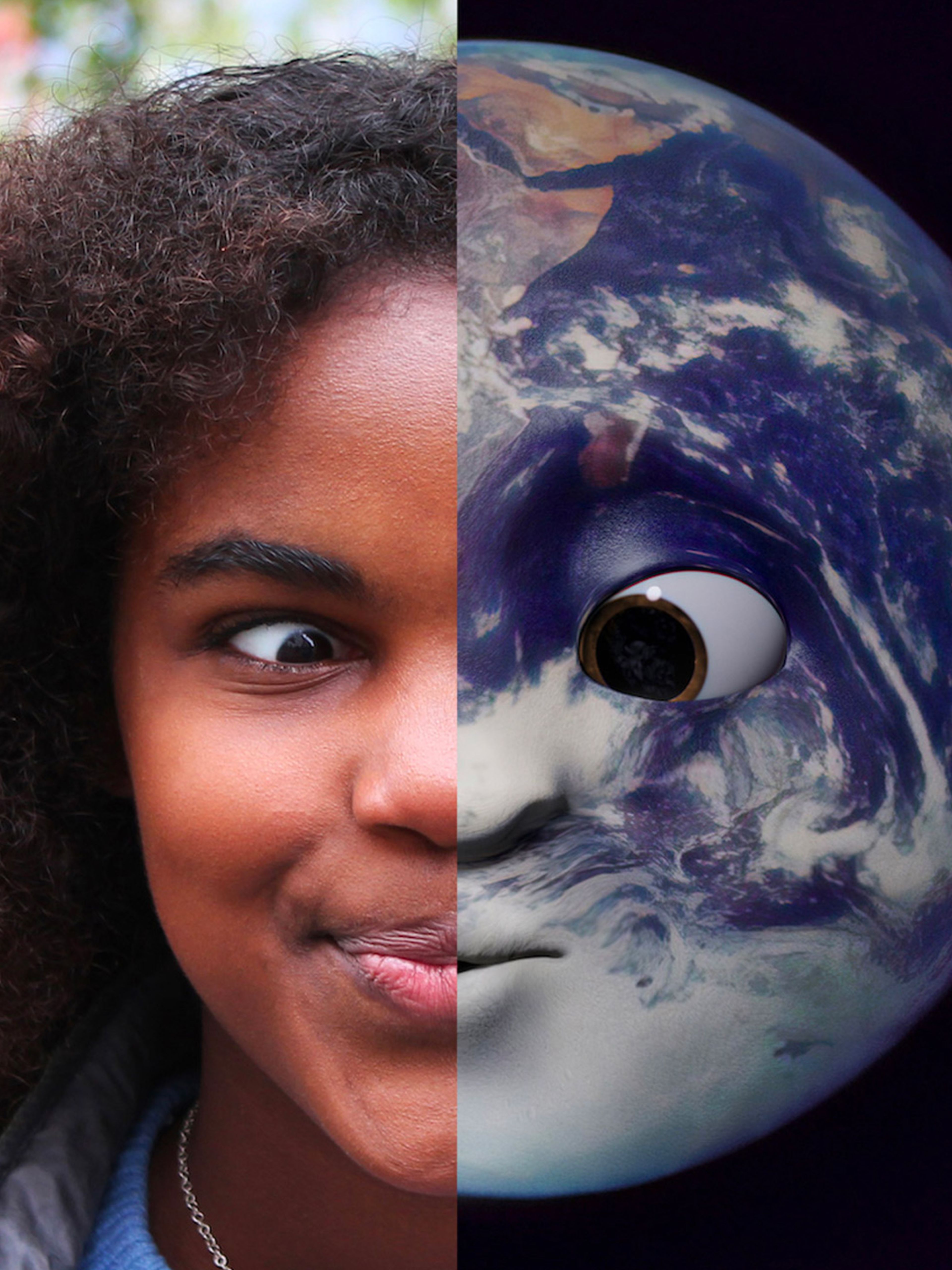 Half of the image is of a girls face and the other half is of the world with a face