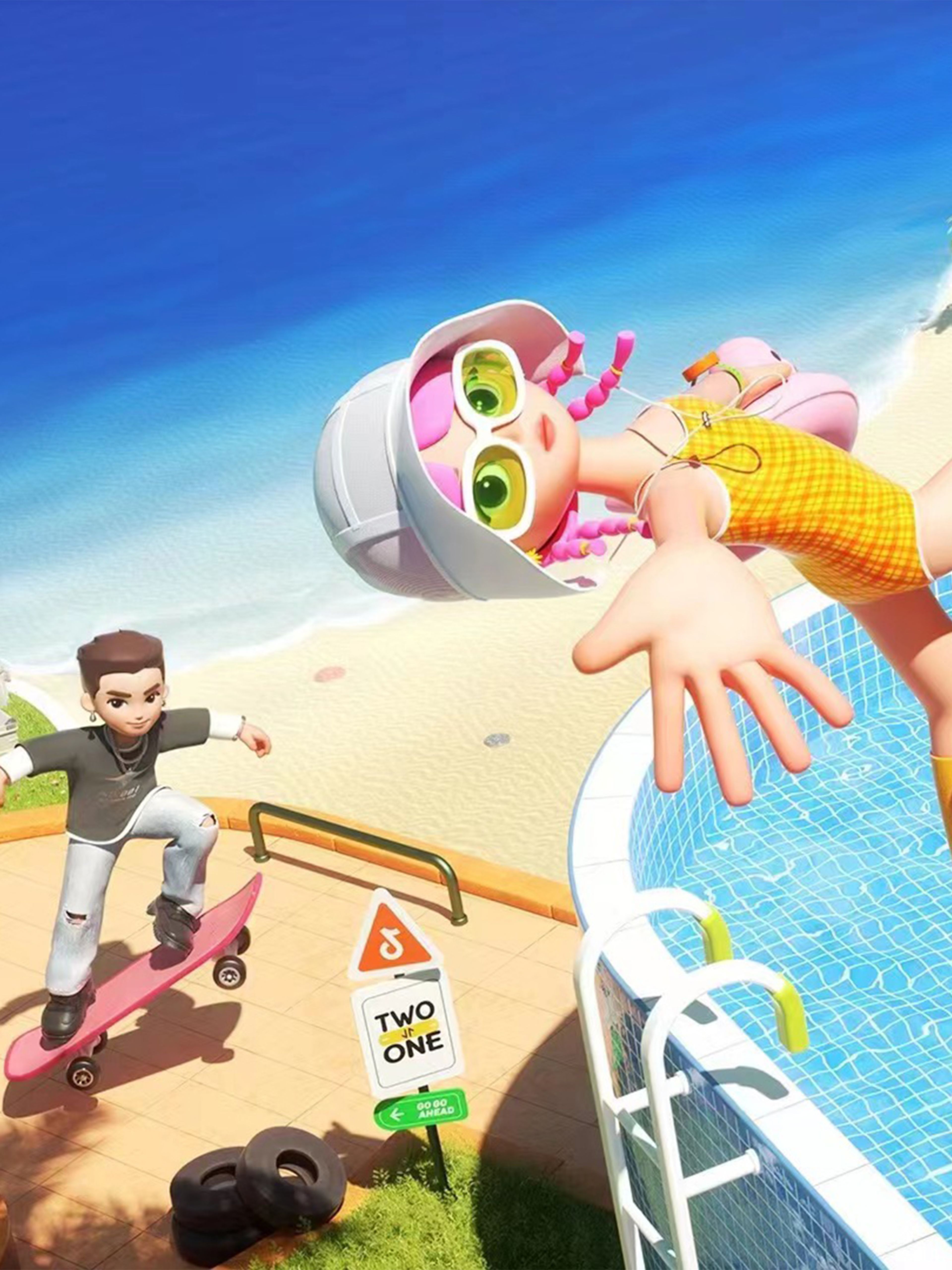 Avatar characters gathered around a pool relaxing in the summer and drinking Coca Cola