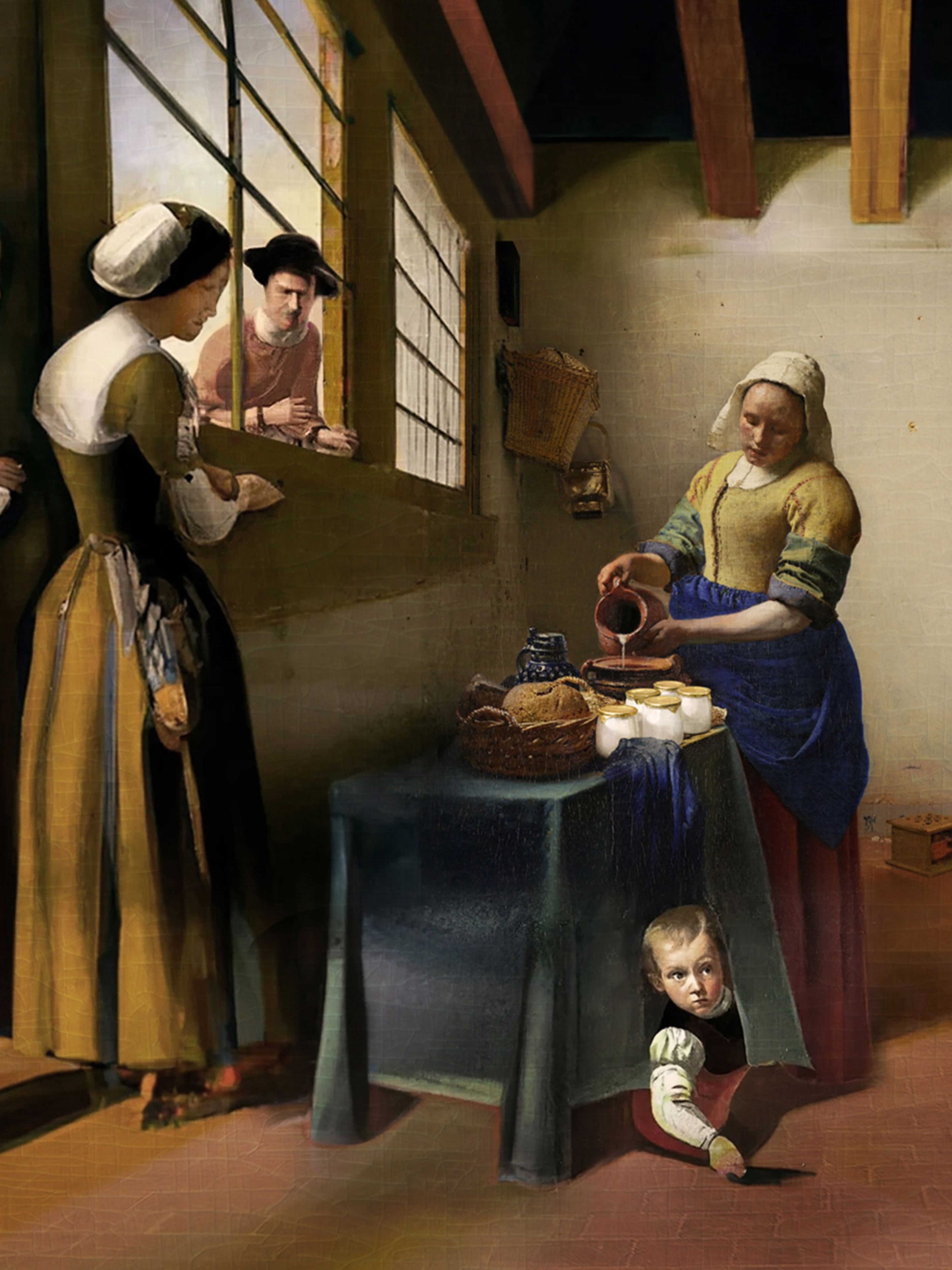 AI generated image the shows a scene beyond Vermeer's painting, the Milkmaid