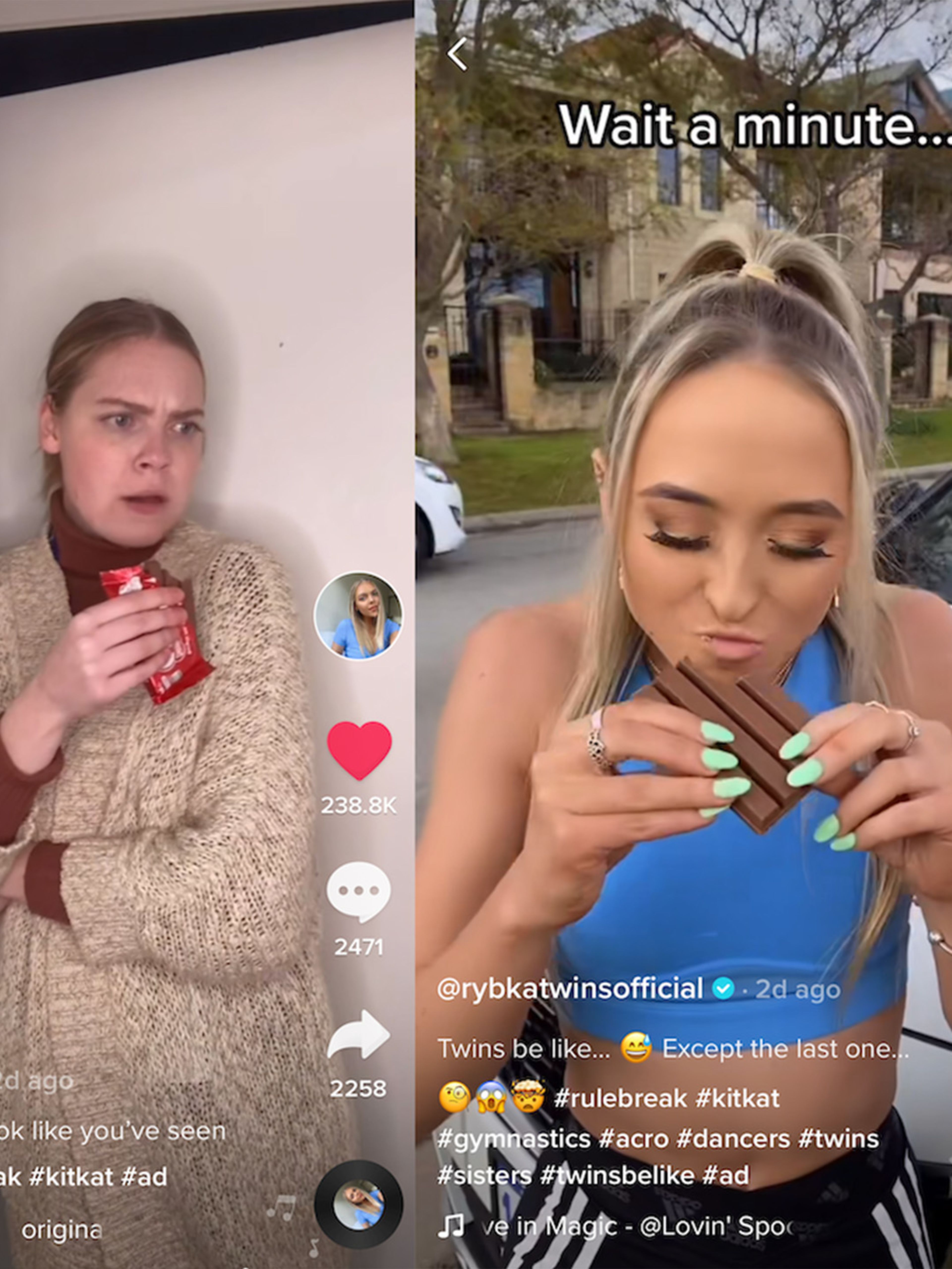 Screenshots of TikTokers eating KitKats