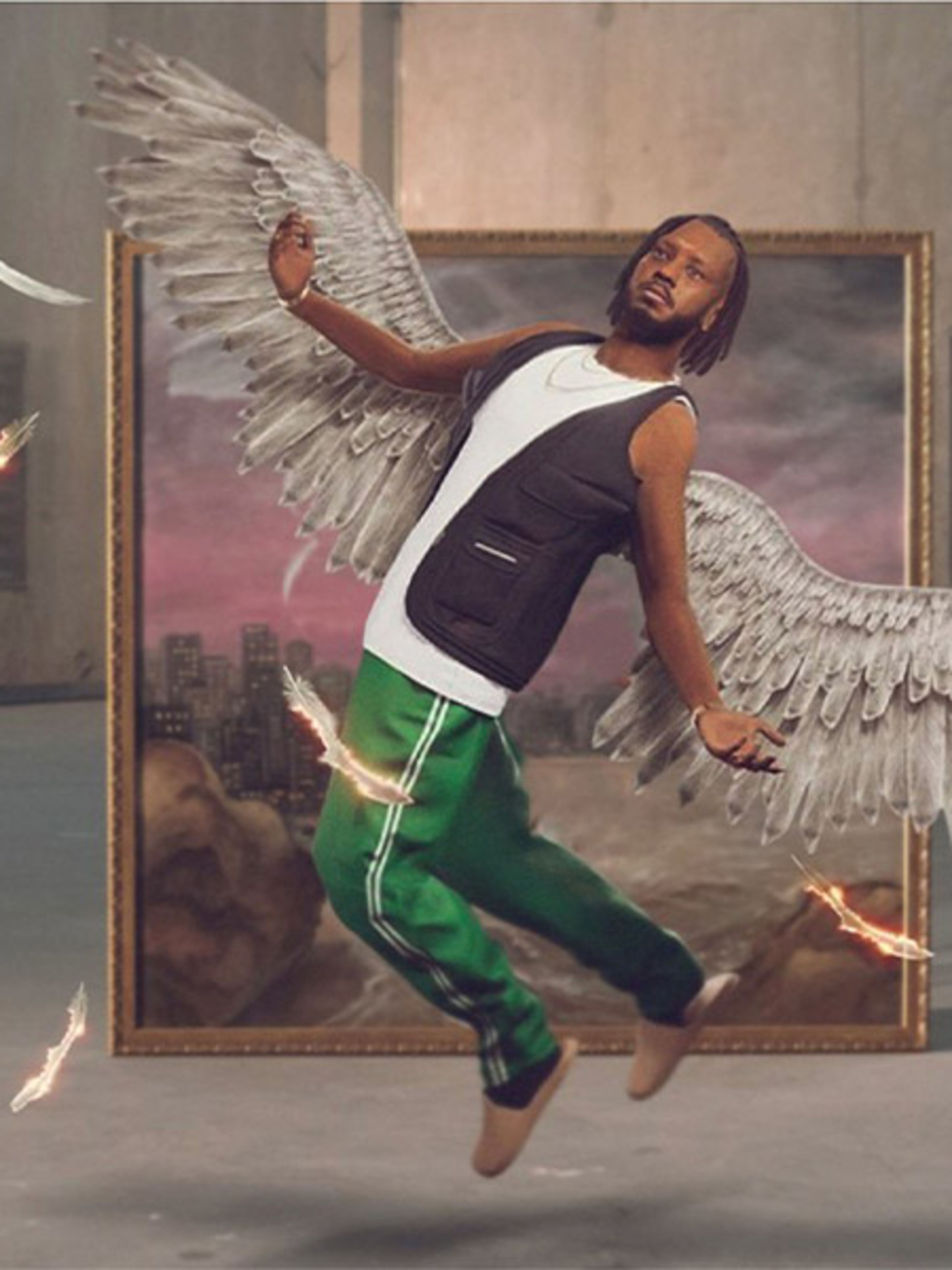 Abebe Bikila as Icarus coming out of an oil painting