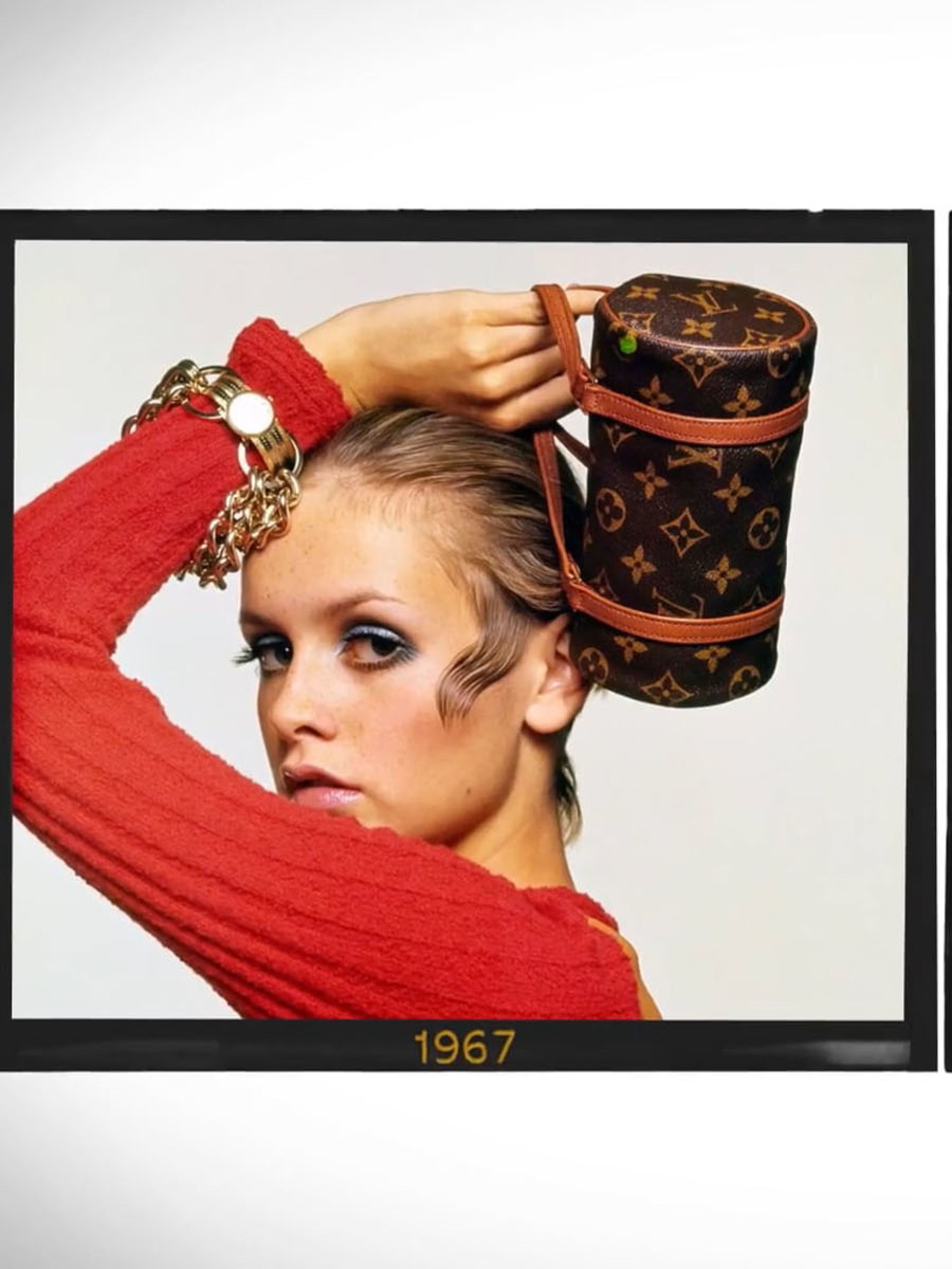 Polaroid of a British model Twiggy in 1967 wearing a red top and holding a Chanel bag over her head next to another polaroid replicating the image with Twiggy in 2023