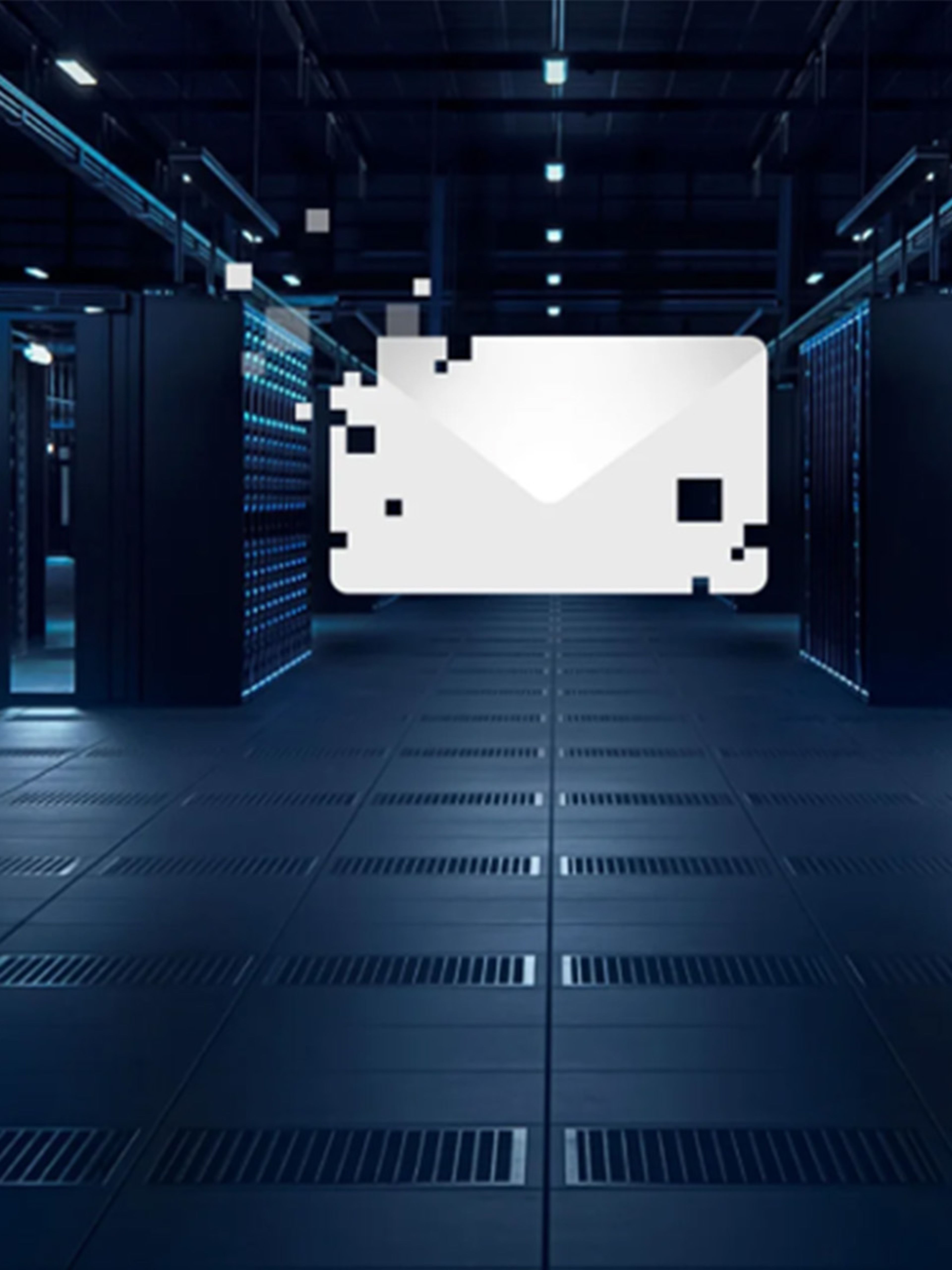 Perspective shot looking down a server room with an email icon in the middle