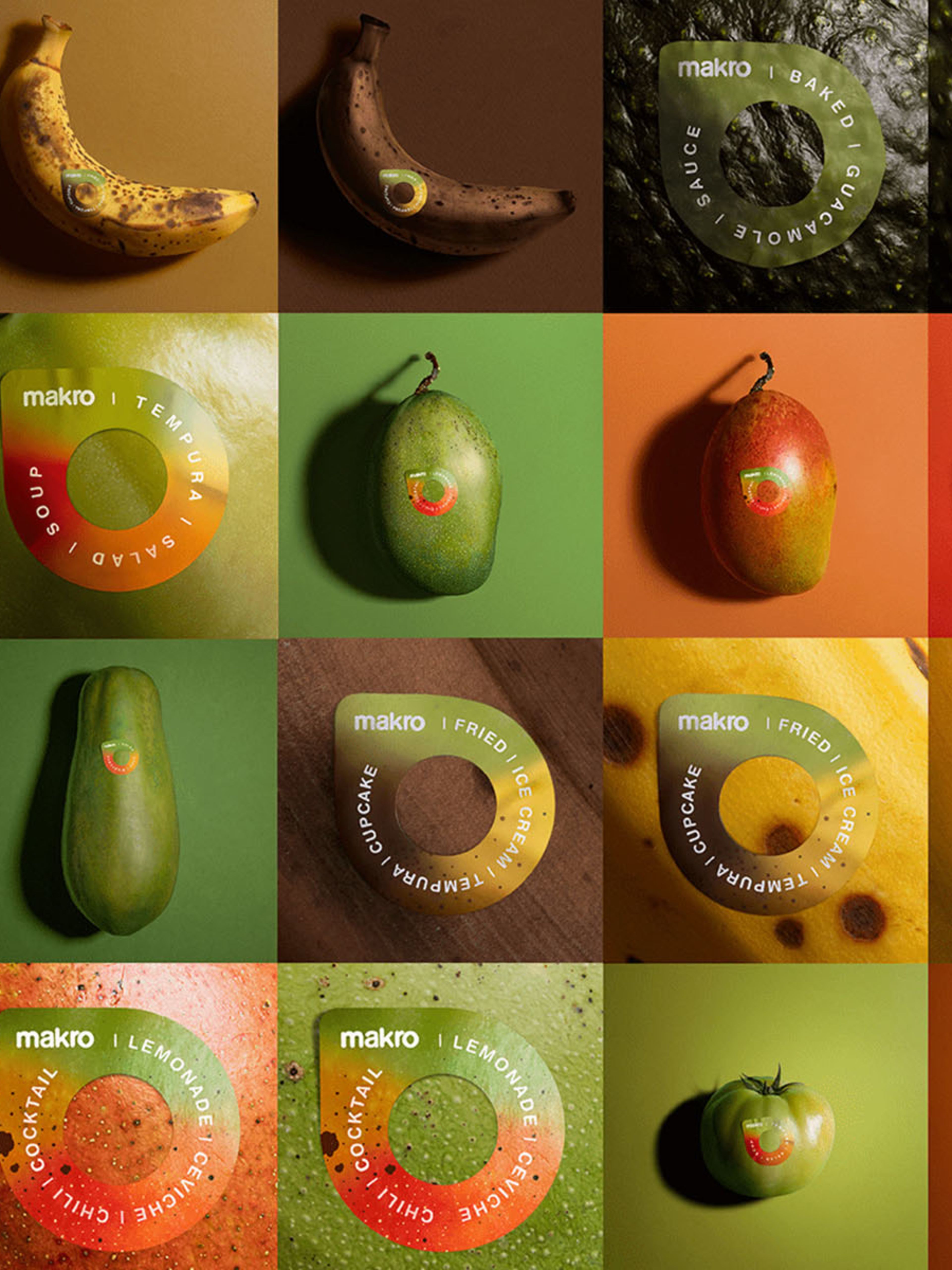 Array of fruits with Makro Life Extending Stickers on them