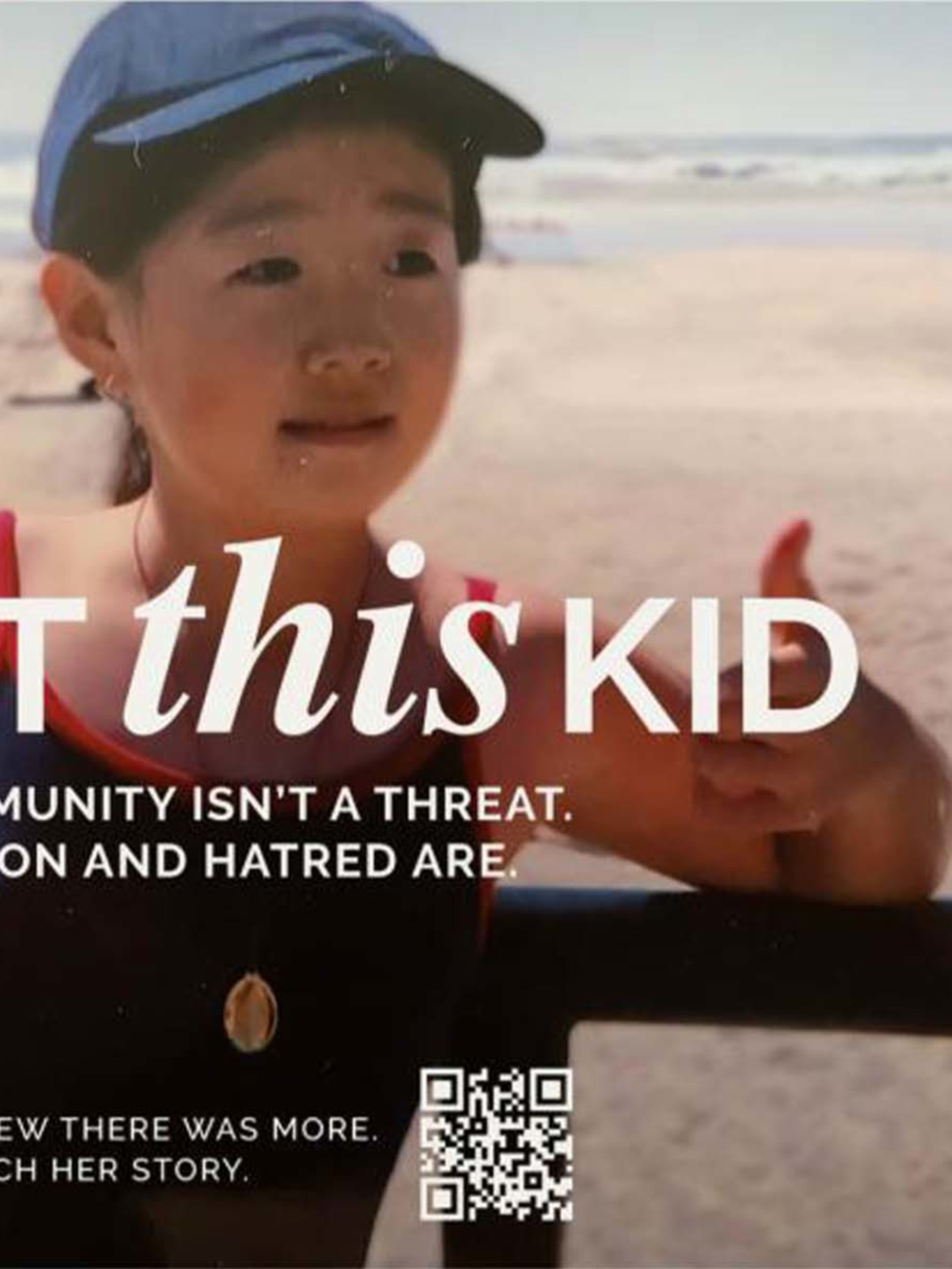 Young girl at the beach with white text overlay saying 'Protect this kid: The LGBTQ community isn't a threat. Misinformation and hatred are."