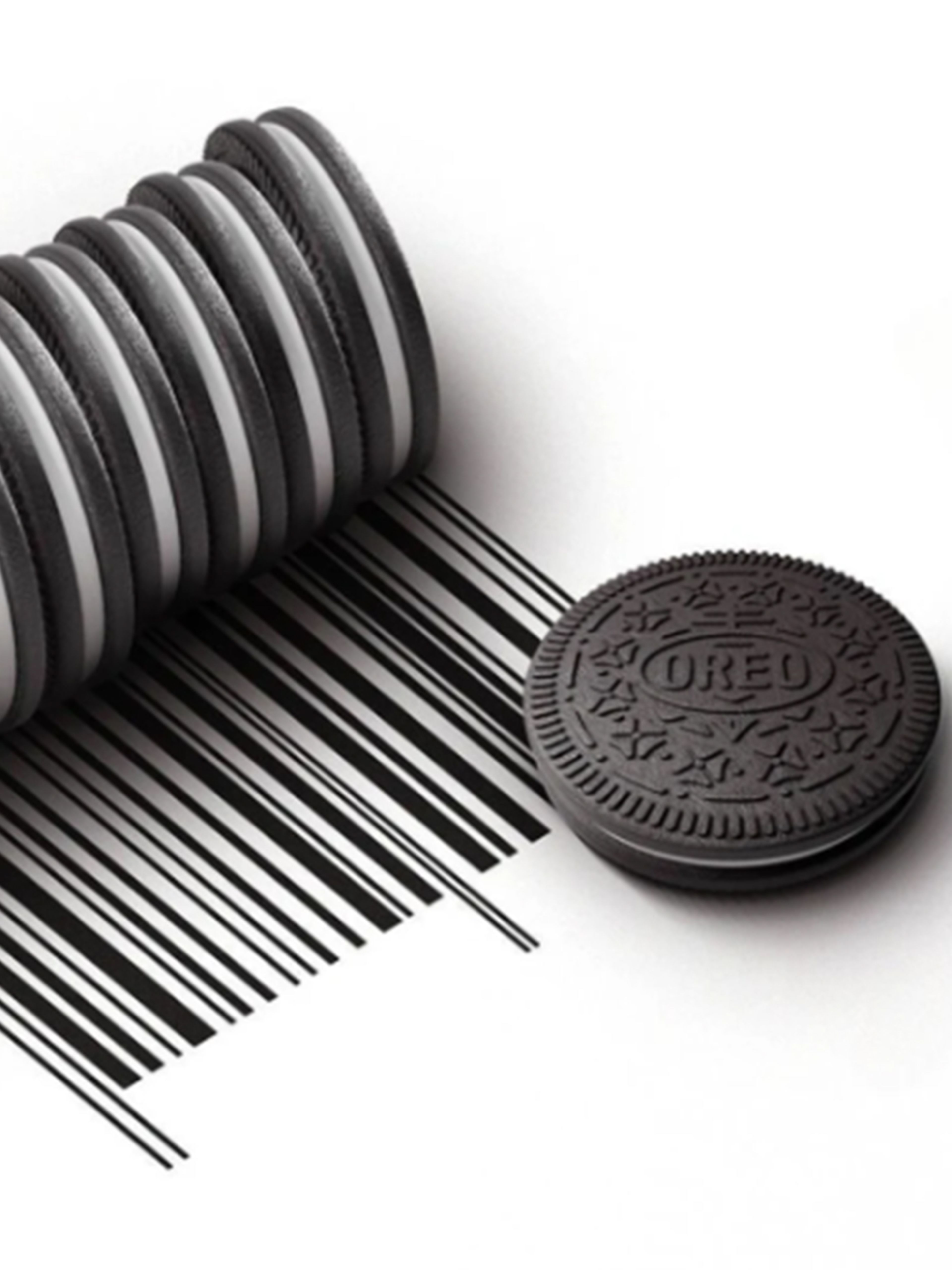A stack of Oreos on their side being rolled to create a barcode, with a single flat Oreo next to them