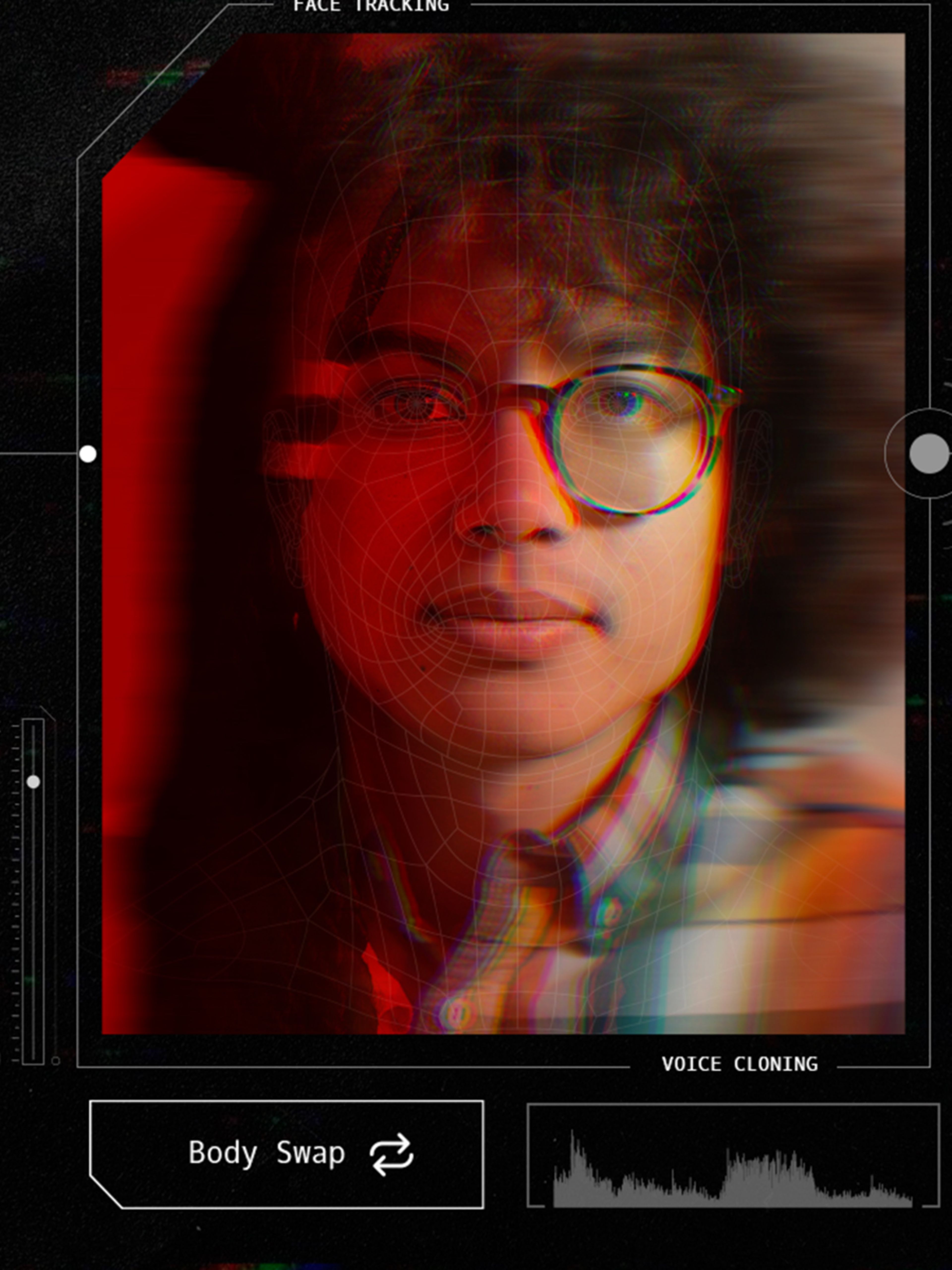 A digital interface displays two individuals labeled "MAL'S CONSCIOUSNESS" and "JACOB'S BODY," with face tracking and body swap features highlighted, and Netflix branding shown.