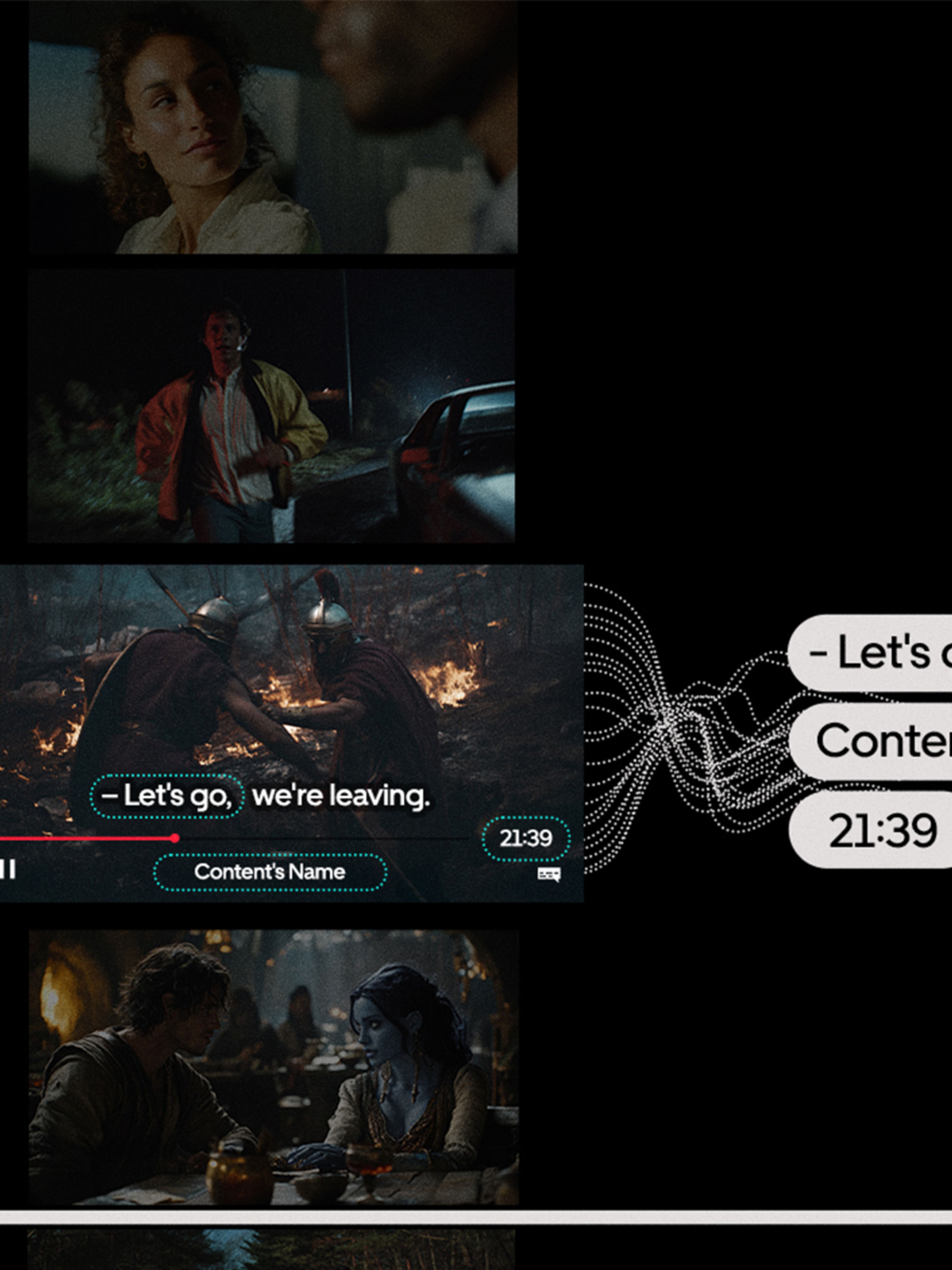 A digital collage illustrating a promotional concept. On the left, multiple stills from different films or series are shown, each with subtitles. One highlighted subtitle says "Let's go, we're leaving" with a timestamp "21:39" and a label "Content's Name." Lines visually connect this quote to a smartphone screen on the right. The phone displays a conversation where a user texts “I found a Let’s go,” followed by a reply asking for the film or series name and timestamp. Once provided, the user rec