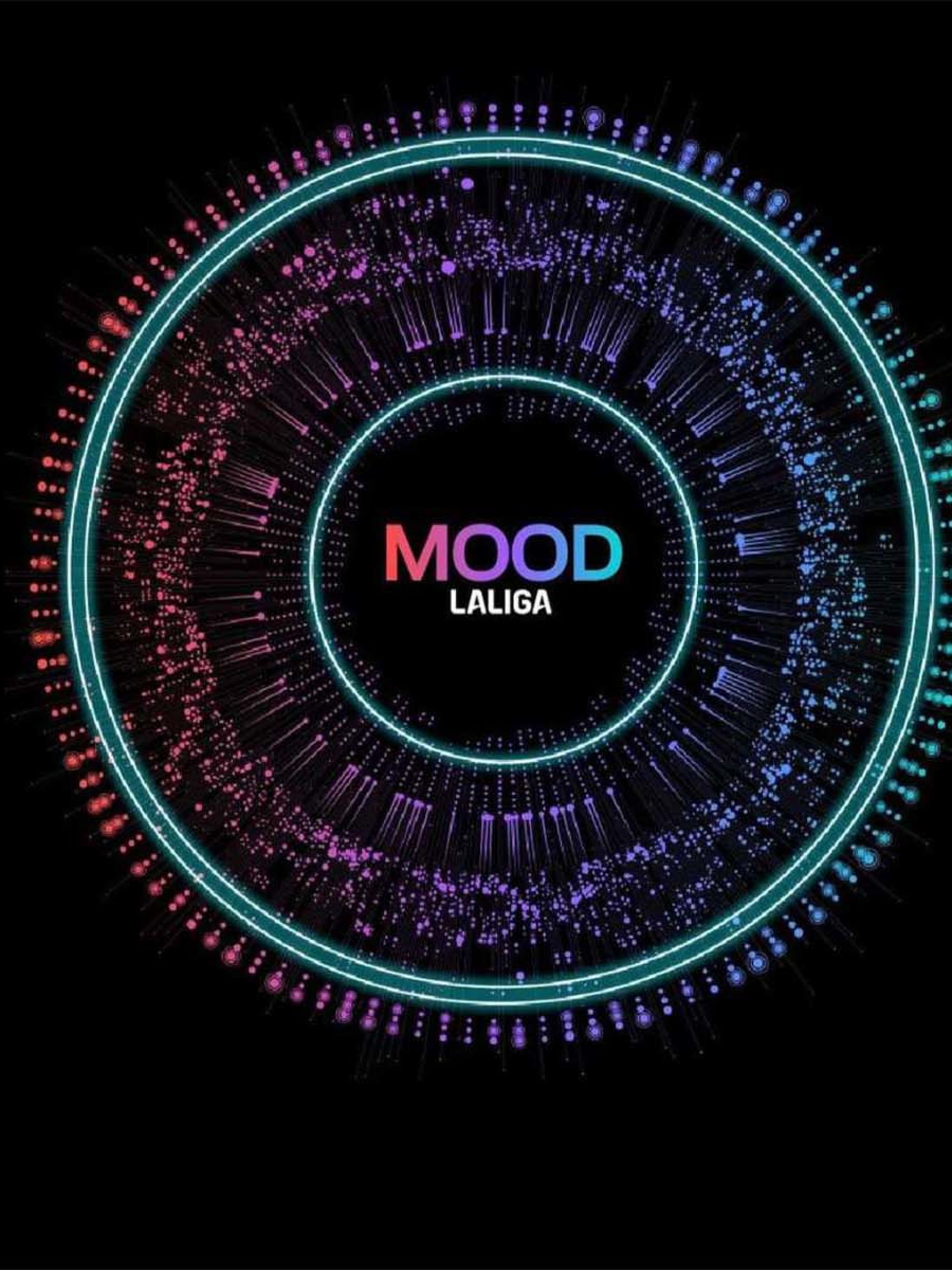 Circular visual with colorful radial lines and dots on a black background. Central text reads “MOOD LALIGA” in gradient colors, conveying a modern, energetic tone.