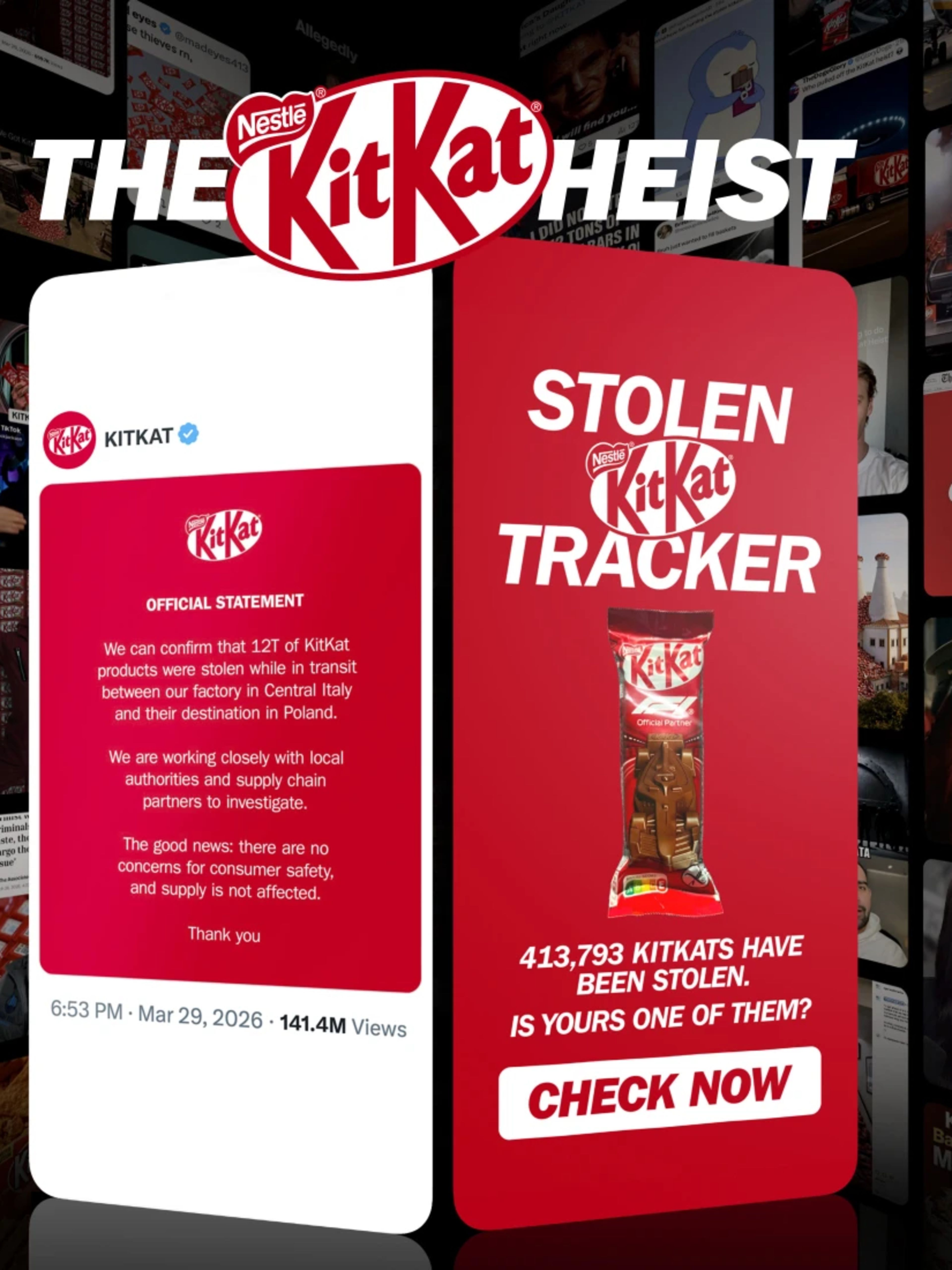 A vibrant campaign board for "The KitKat Heist" featuring a digital collage of social media posts, news clippings, and project metrics against a dark background. Two smartphones are prominently displayed in the center: one shows an "Official Statement" regarding the stolen chocolate, and the other showcases the red "Stolen KitKat Tracker" interface with a call-to-action button reading "CHECK NOW."
