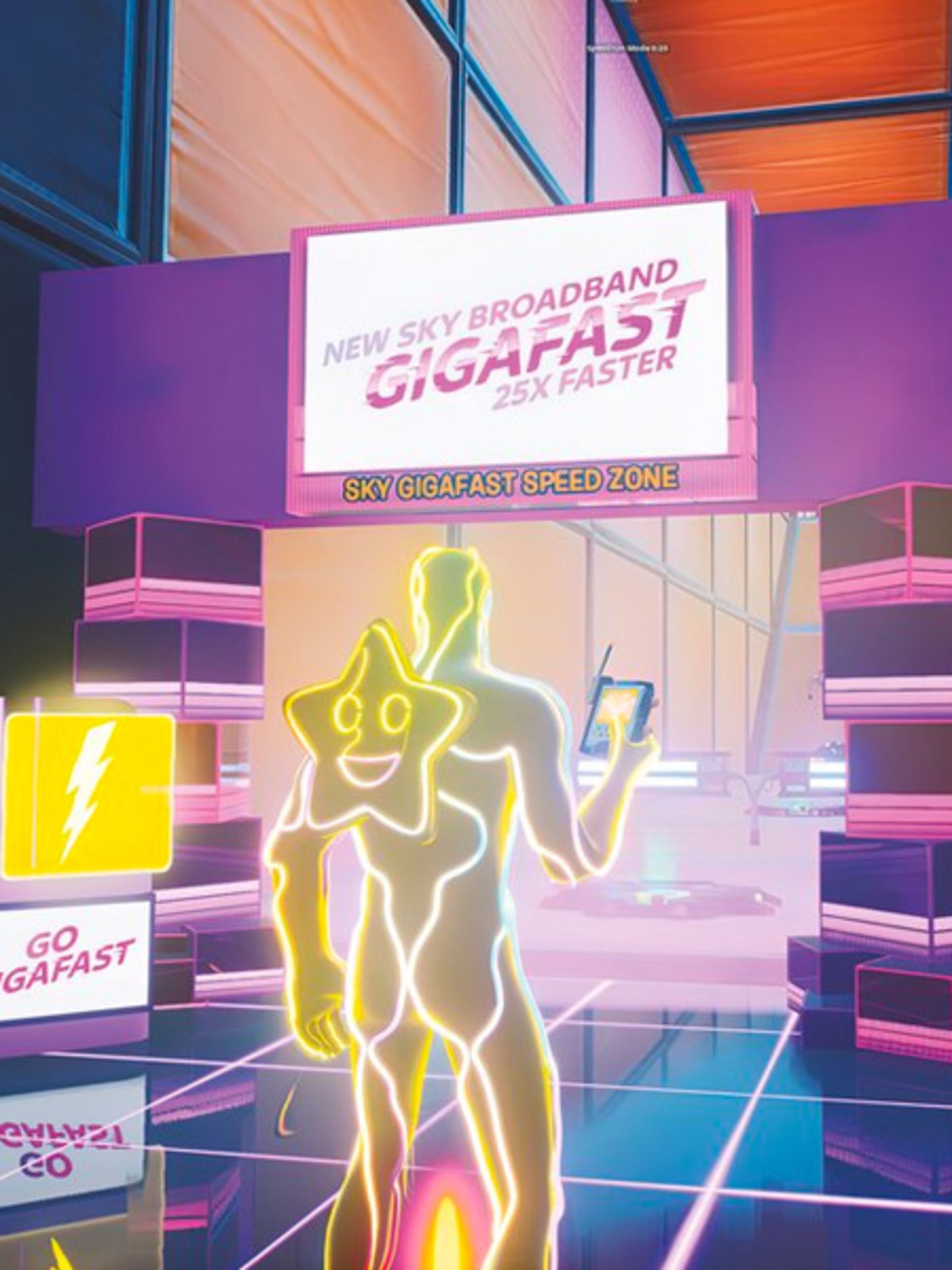 Image of person running towards a gate to Sky's Gigafast metaverse experience