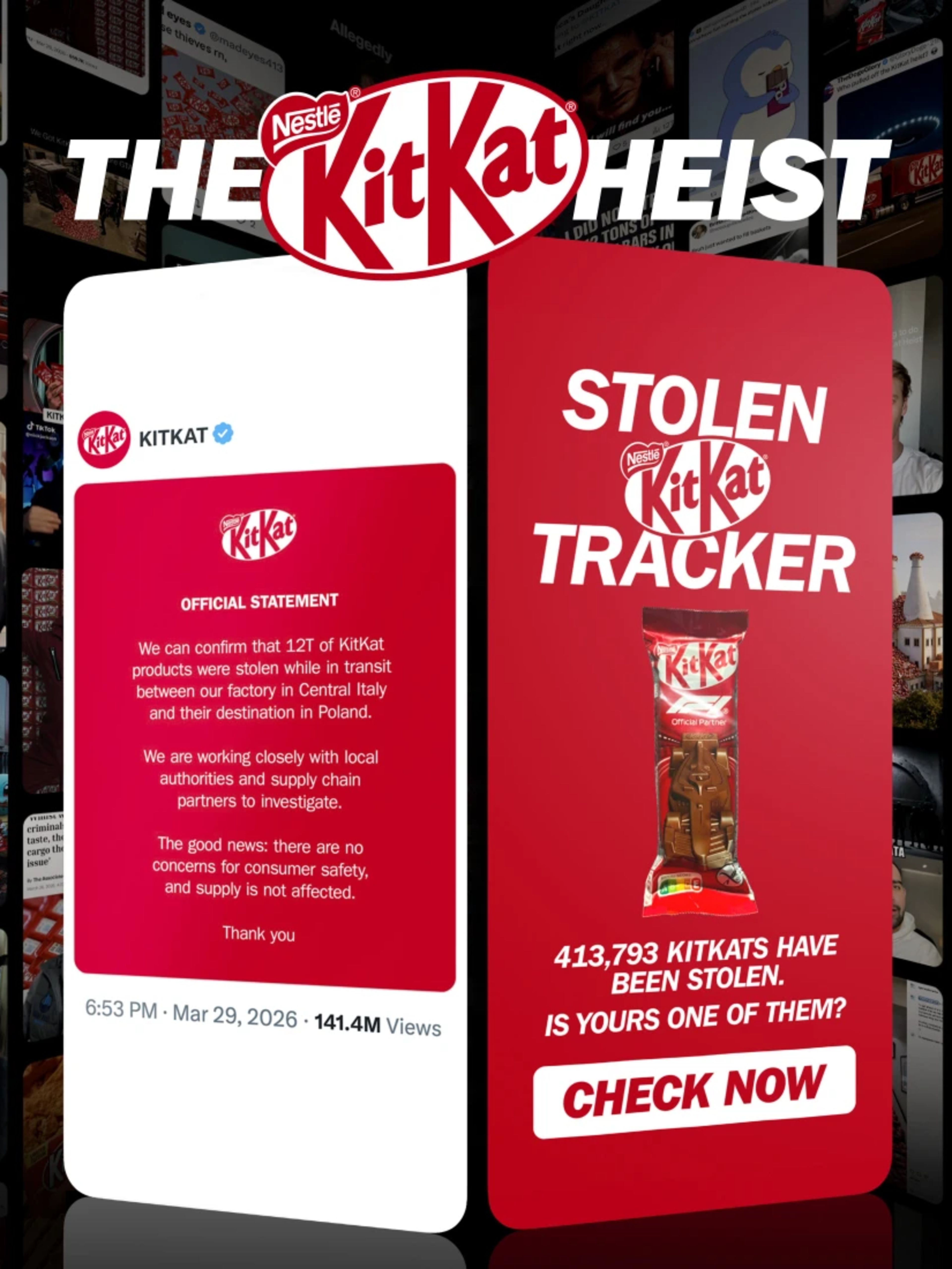 A vibrant campaign board for "The KitKat Heist" featuring a digital collage of social media posts, news clippings, and project metrics against a dark background. Two smartphones are prominently displayed in the center: one shows an "Official Statement" regarding the stolen chocolate, and the other showcases the red "Stolen KitKat Tracker" interface with a call-to-action button reading "CHECK NOW."