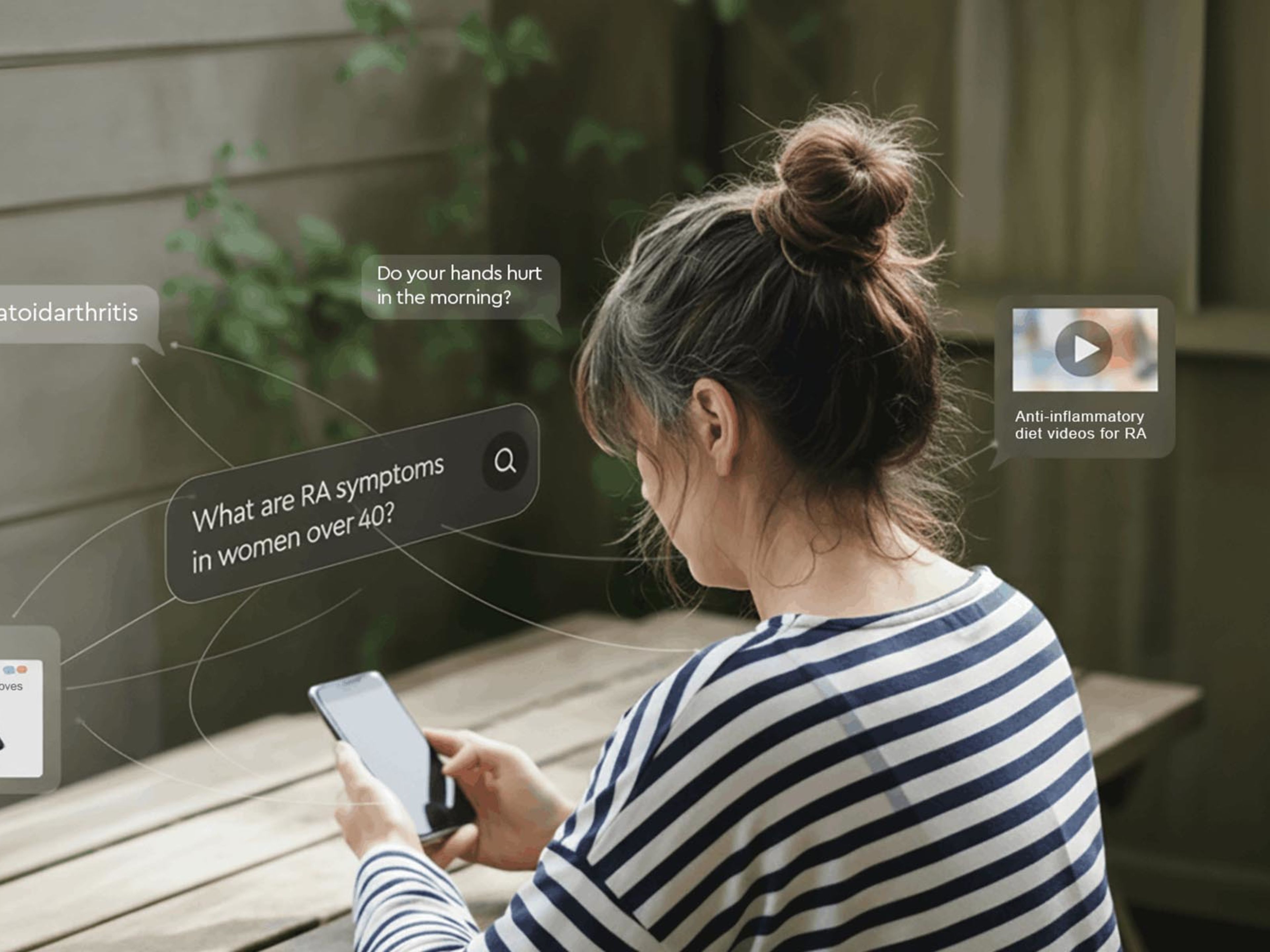 Woman using smartphone to ask AI assistant about arthritis symptoms and medical information