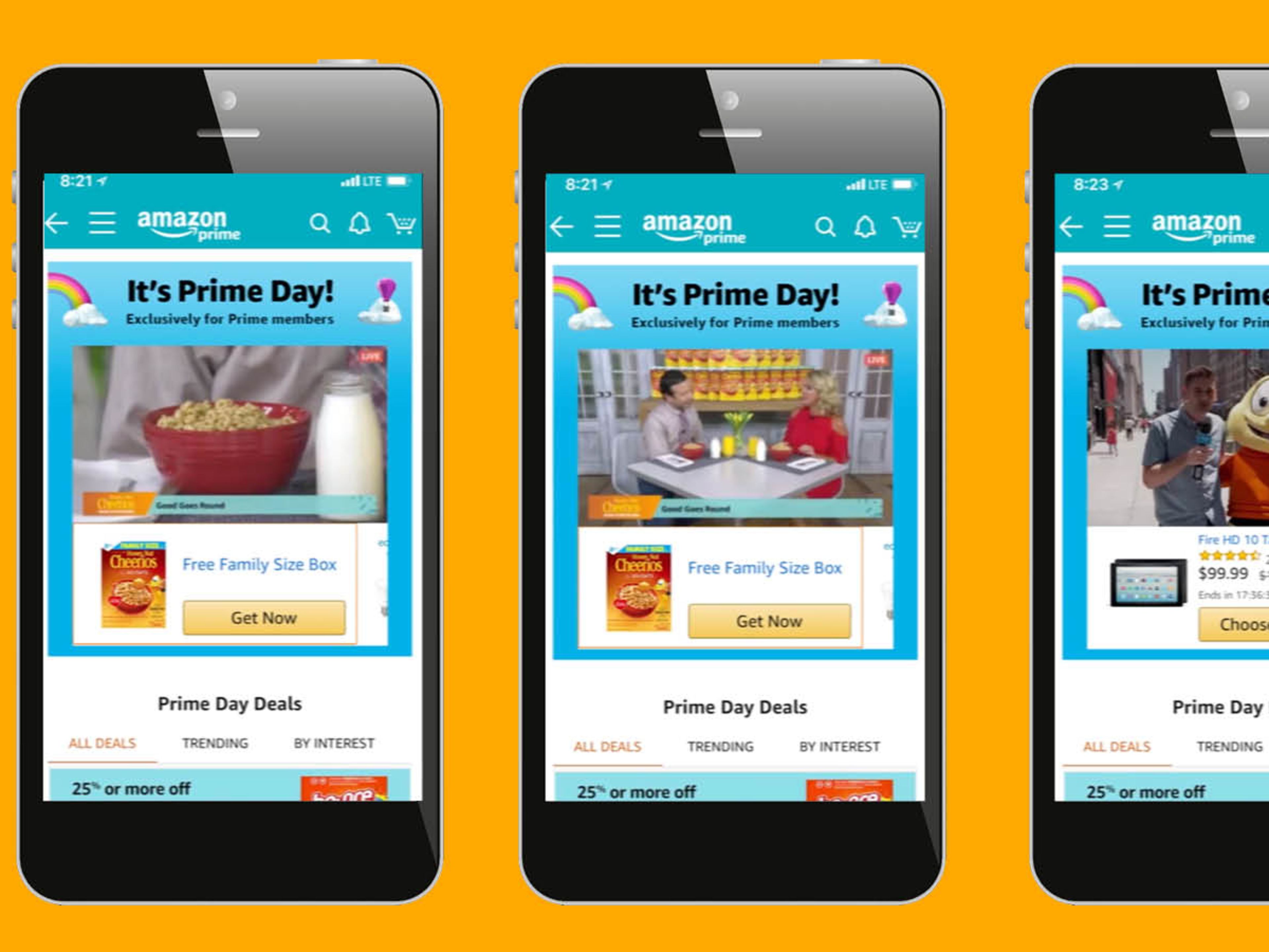 Three mobile phones showing Cheerios Prime Day Hack