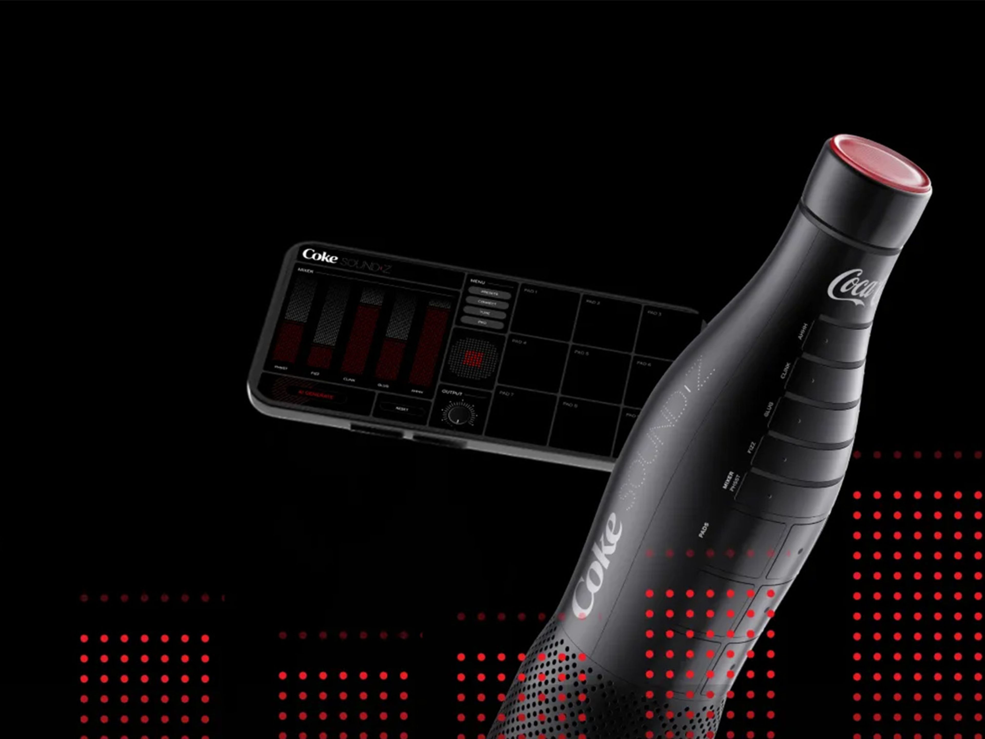 Speaker shaped like a Coca-cola and a phone showing the Coca-cola Soundz app on a black background with red sound bars along the bottom