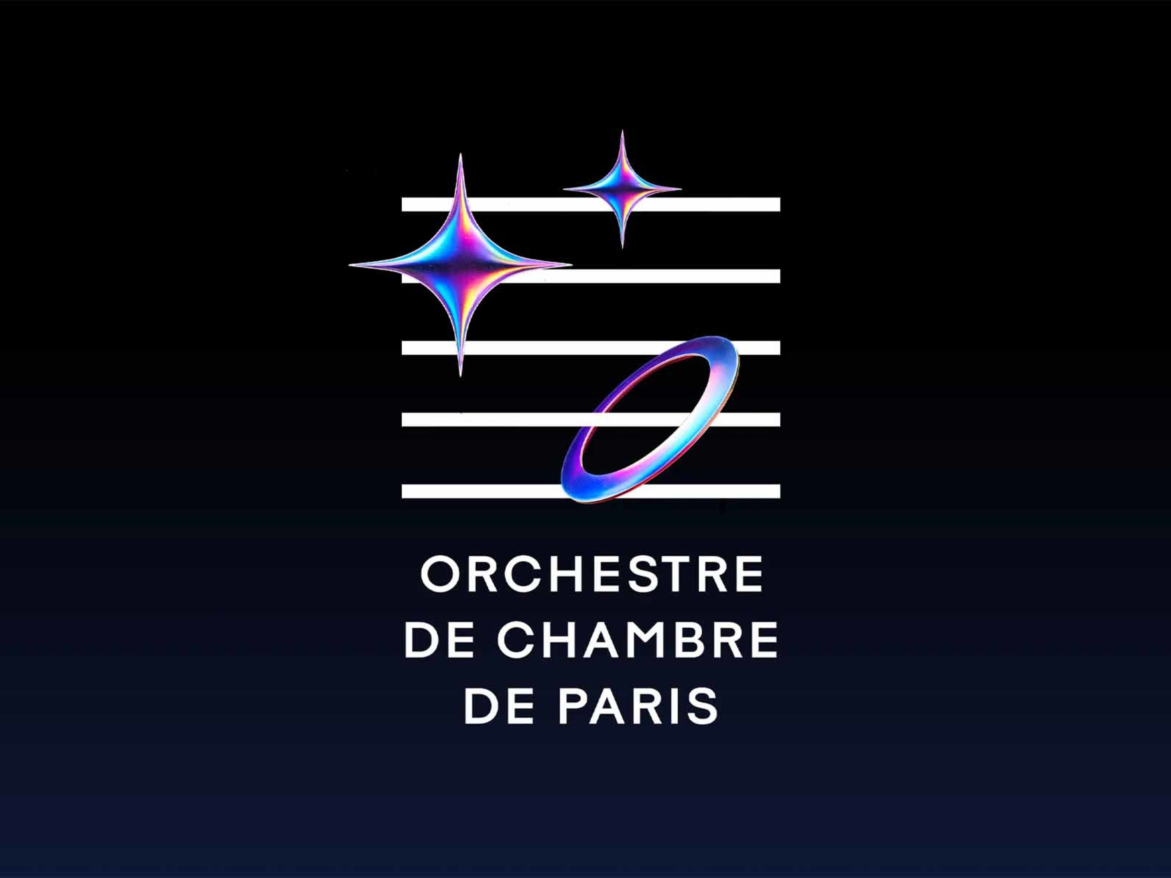 A dark, gradient background transitions from black at the top to a deep indigo at the bottom. Centered in the image is a stylized logo for the "Orchestre de Chambre de Paris." The logo consists of five horizontal white lines, resembling a musical staff. Interspersed among these lines are three iridescent, shimmering shapes that appear to be three-dimensional.