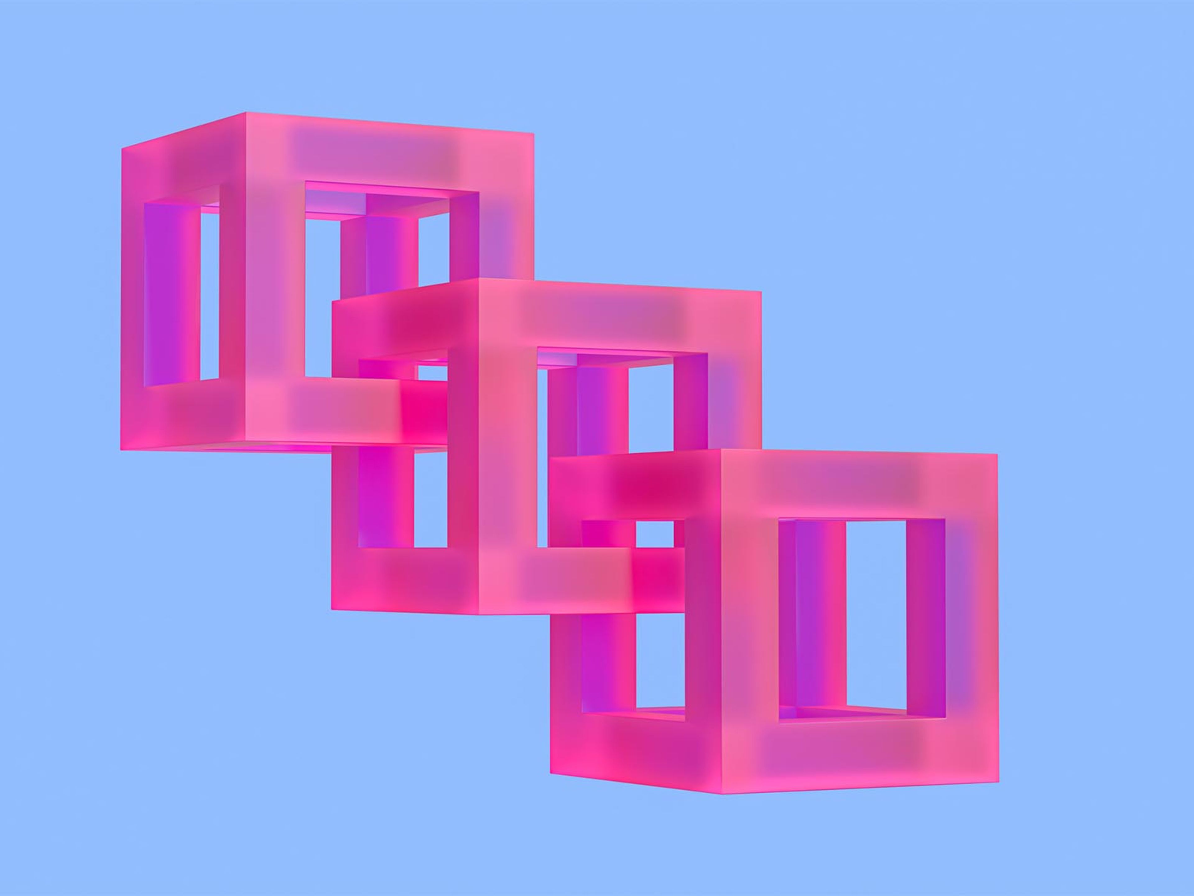 Three interconnected, transparent, pink and purple cubic frames are diagonally arranged against a plain light blue background.