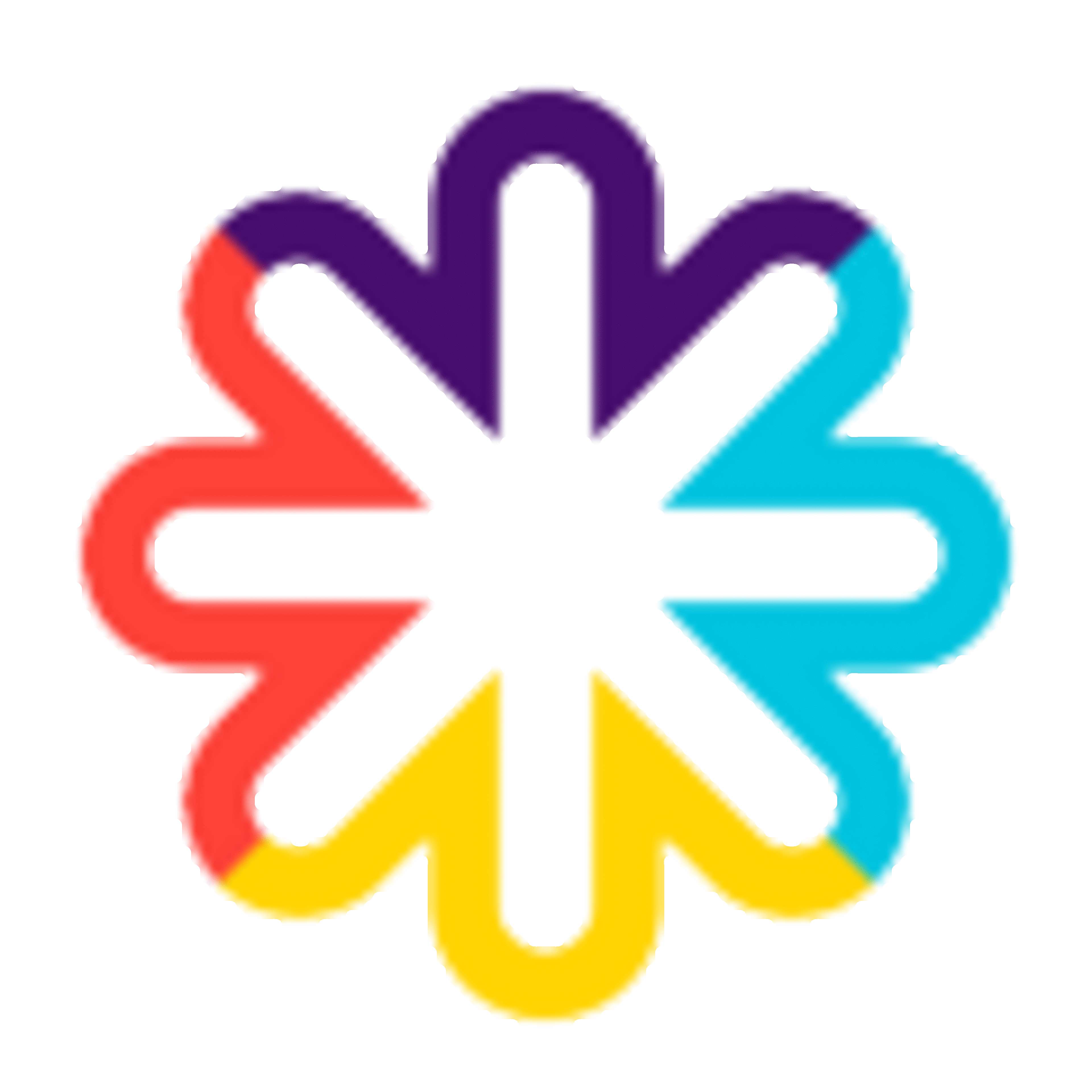 Colorful six-petal star logo with purple, red, pink, cyan, yellow, and orange petals