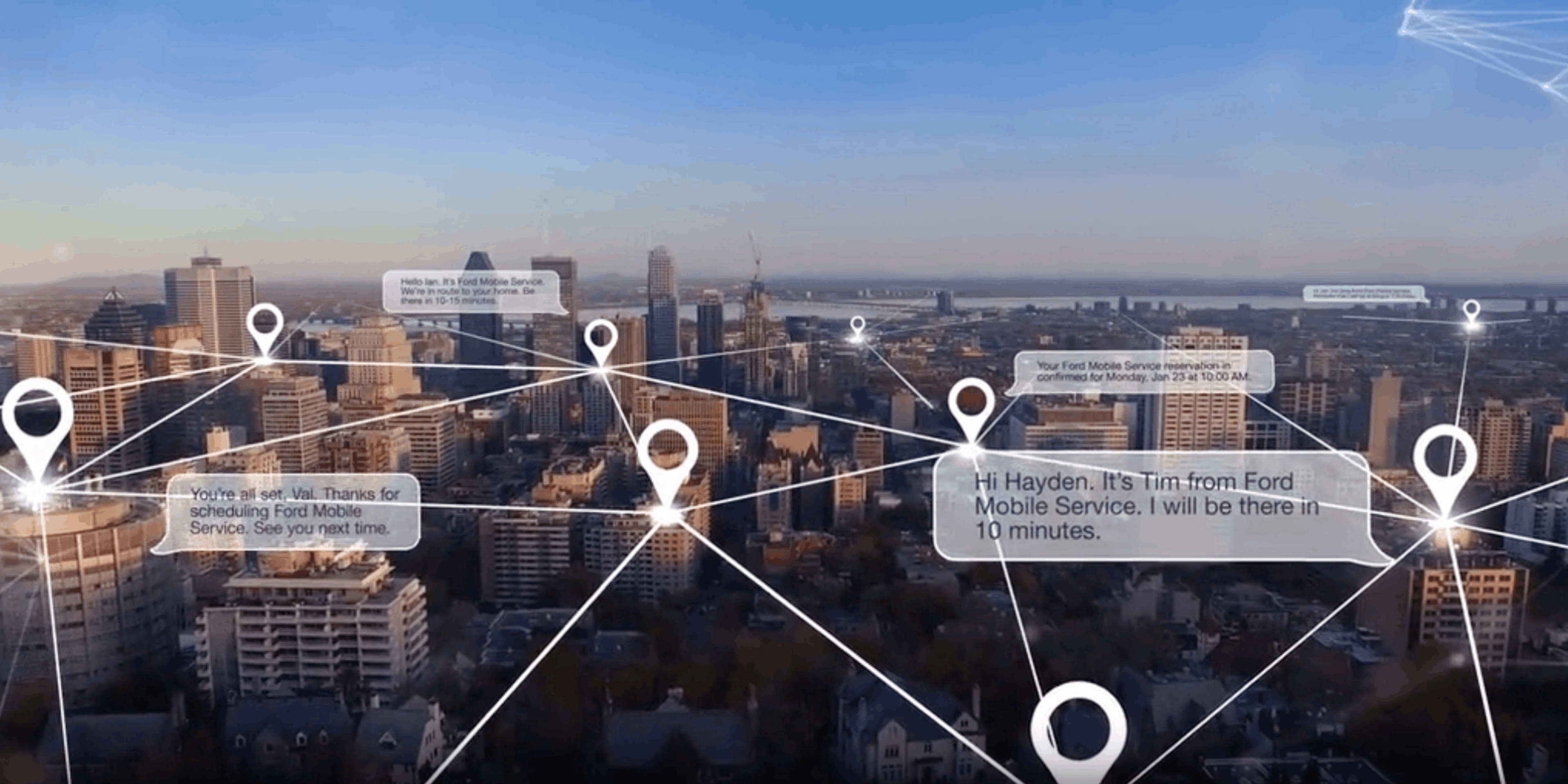 An aerial cityscape overlaid with white location pins linked by a network of lines, with digital text bubbles showing customer service notifications from Ford Mobile Service.