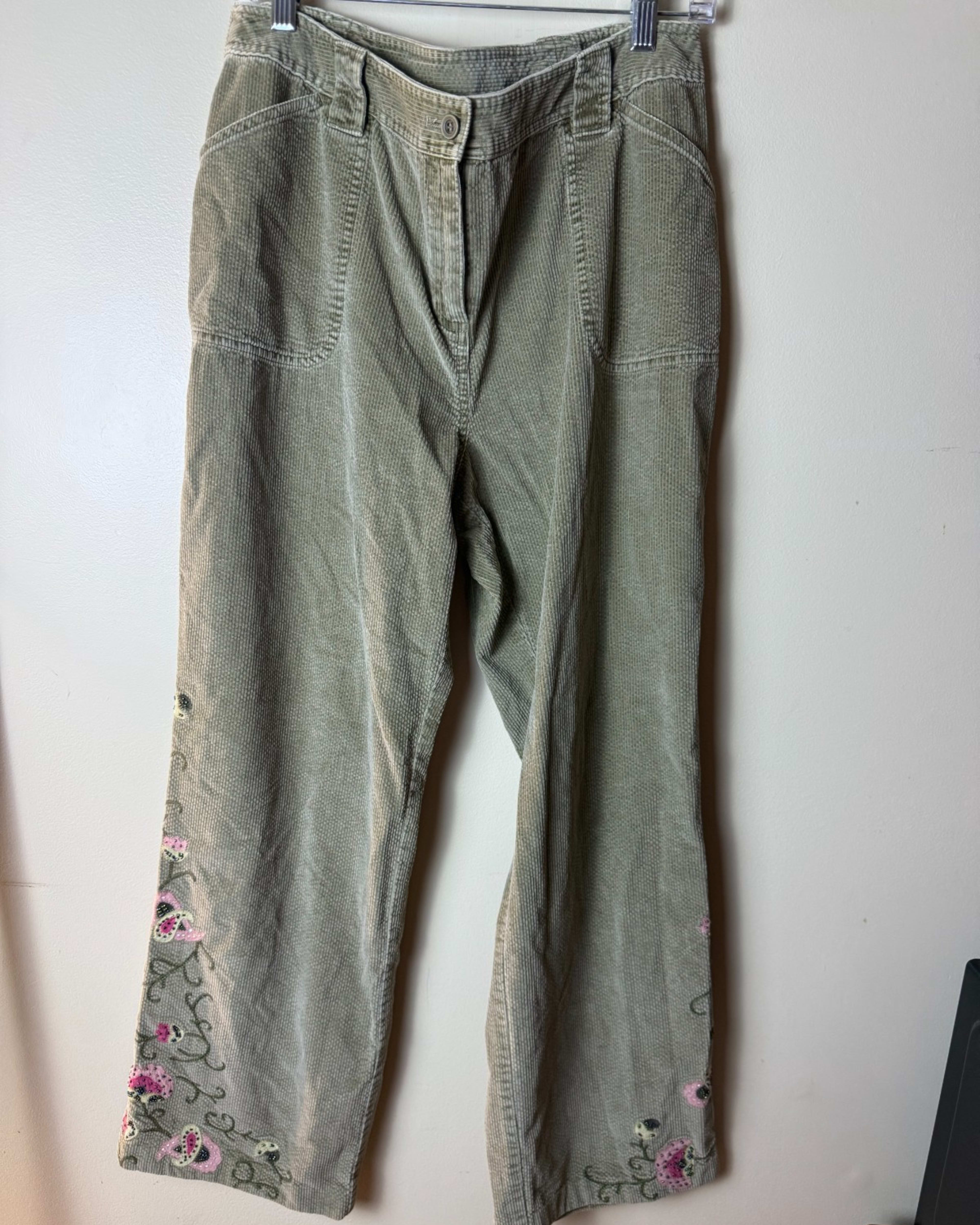J. Jill Corduroy Pants Womens 14 Gray Embroidered Flower Floral Zip Casual