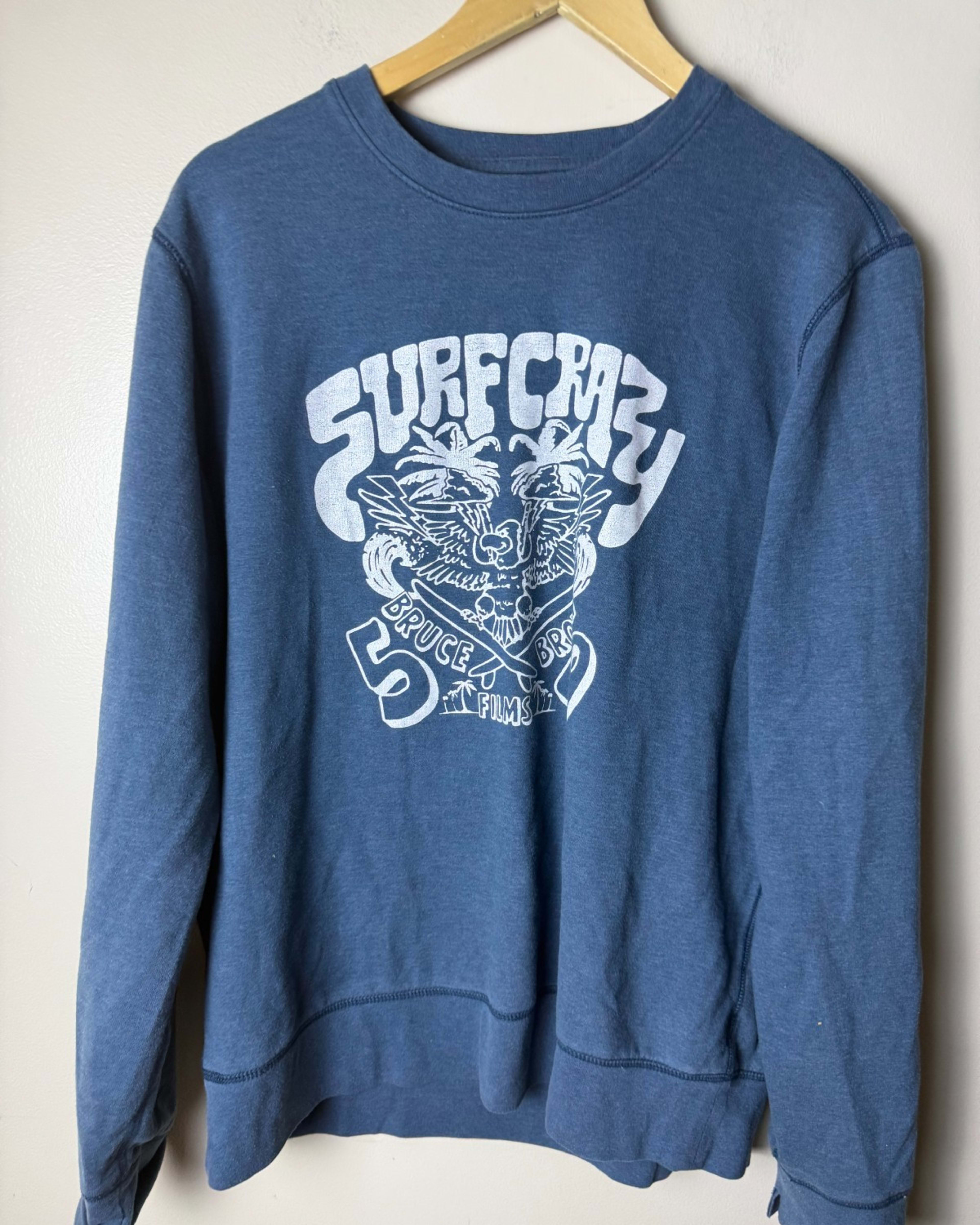 Lucky Brand Sweatshirt Graphic Print Bruce Brown Films Surf Crazy Mens L Blue