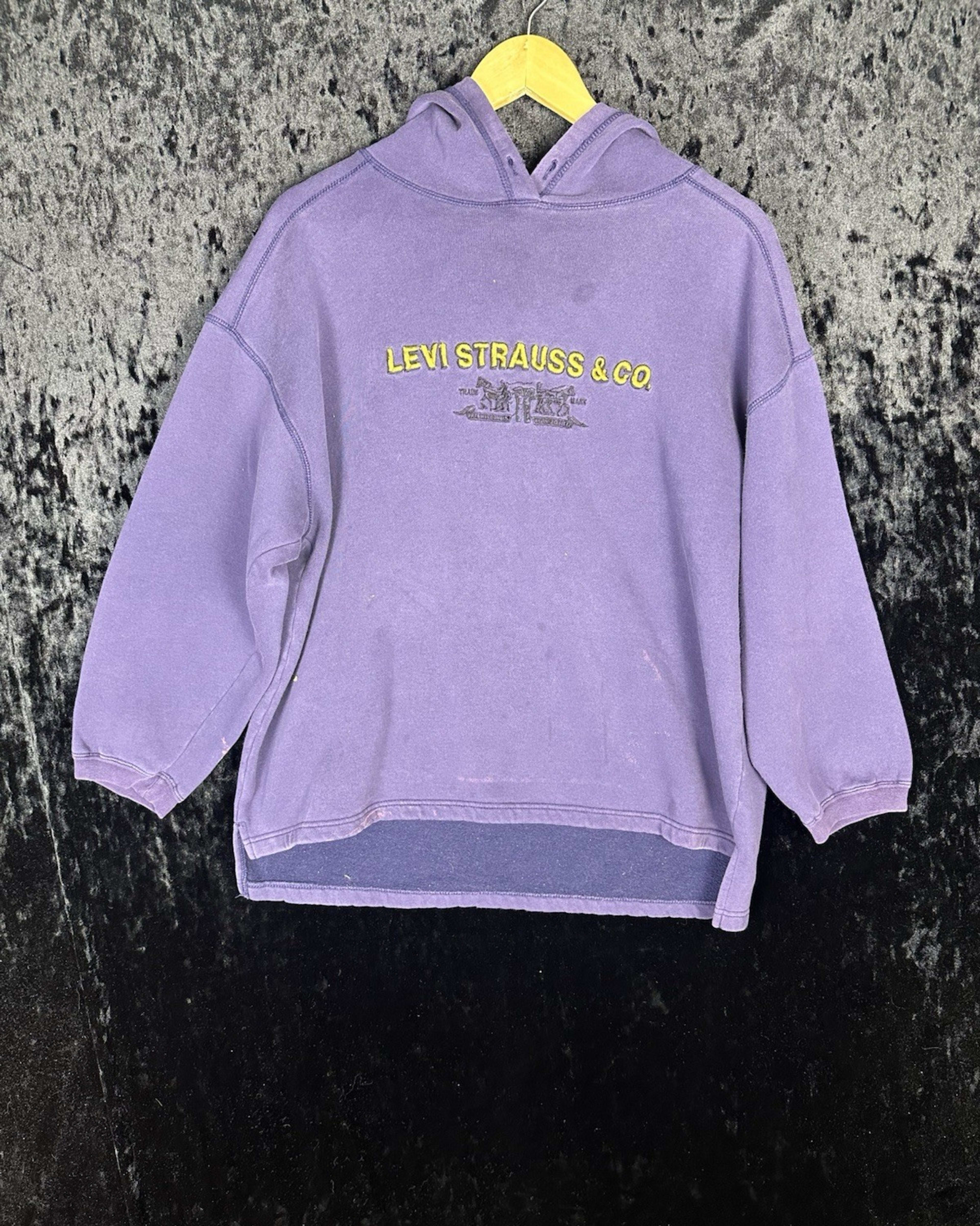 Vintage Levi Strauss & Co Hoodie Mens S/M Purple Embroidered Logo Spell Out