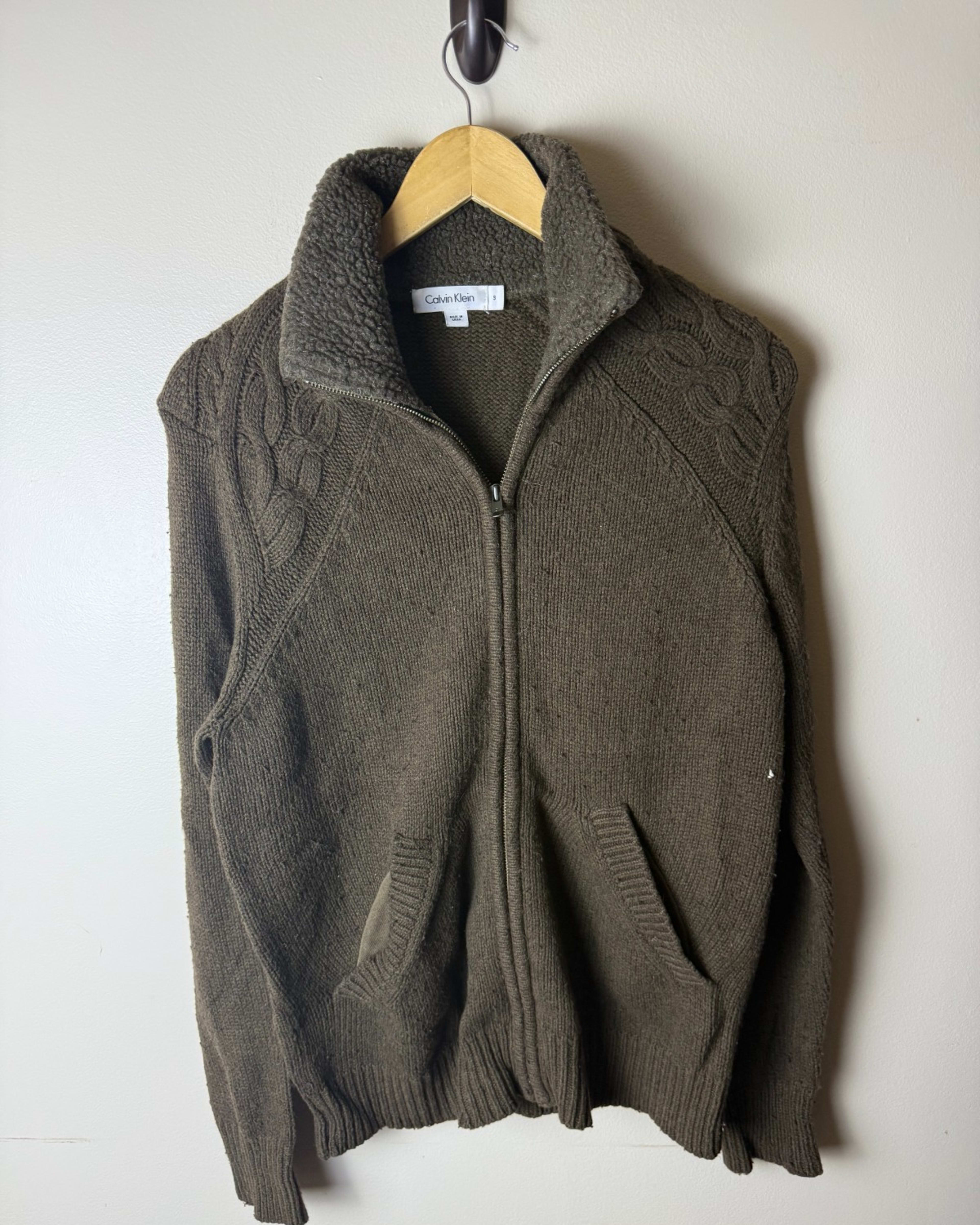 Calvin Klein Full Zip Up Cable Knit Sleeve Cotton Cardigan Sweater Mens S