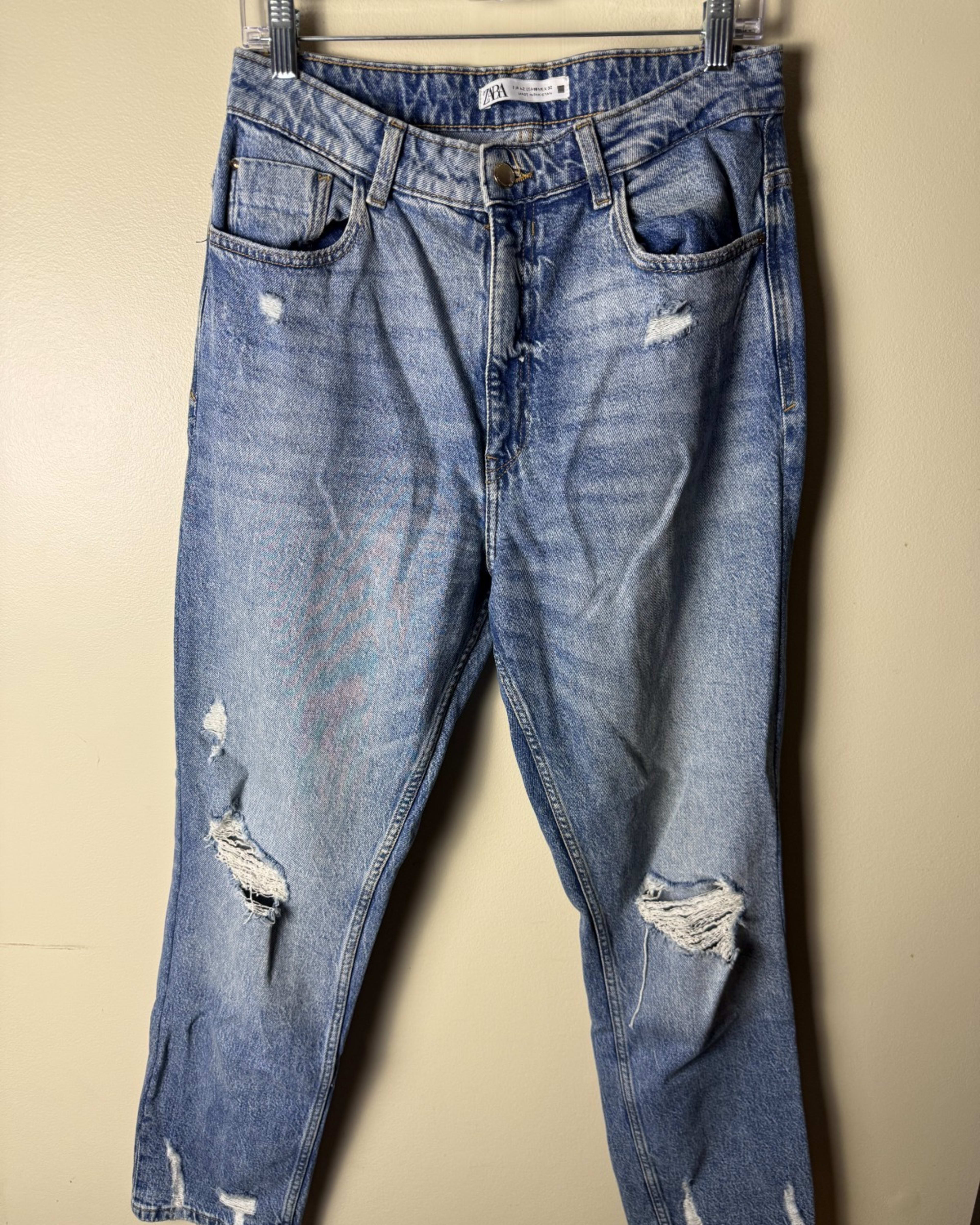 Zara Jeans Womens 10 Blue Wide Leg Distressed High Rise Denim Pants