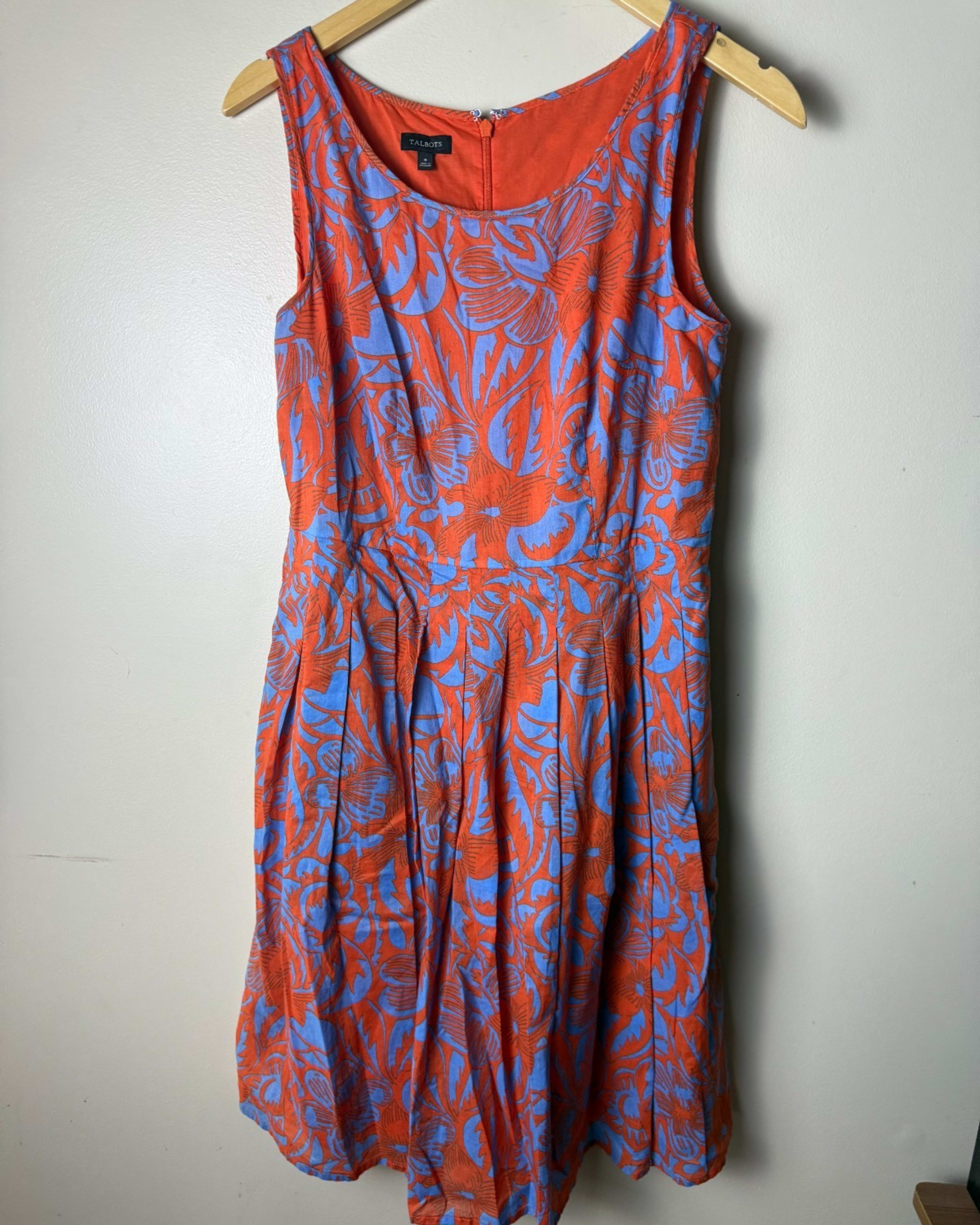 Talbots Dress Women 6 Blue Orange Floral Fit & Flare Design Knee Length Cotton
