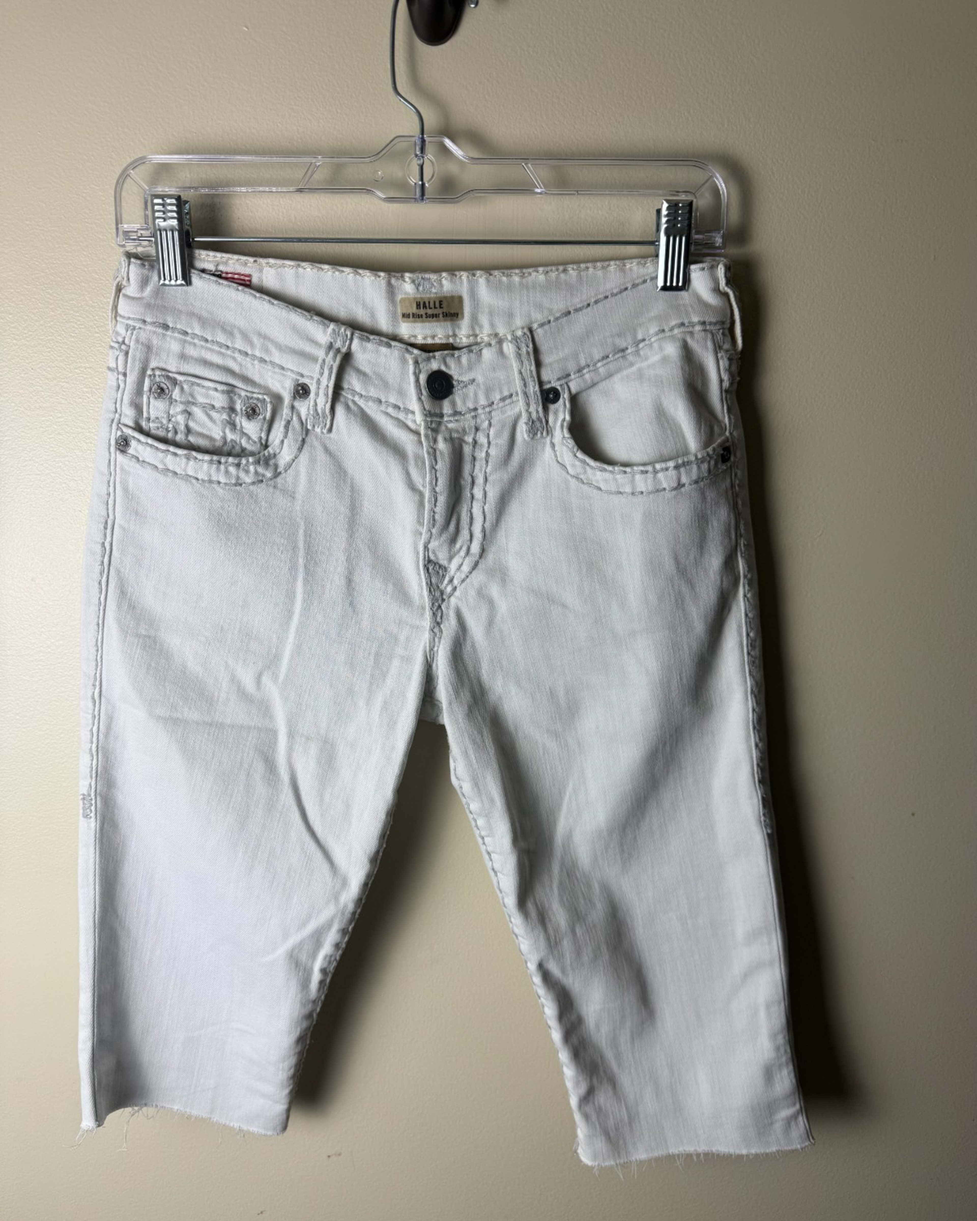True Religion Halle Mid Rise Super Skinny Jean Shorts Women's 27 White Cut Off