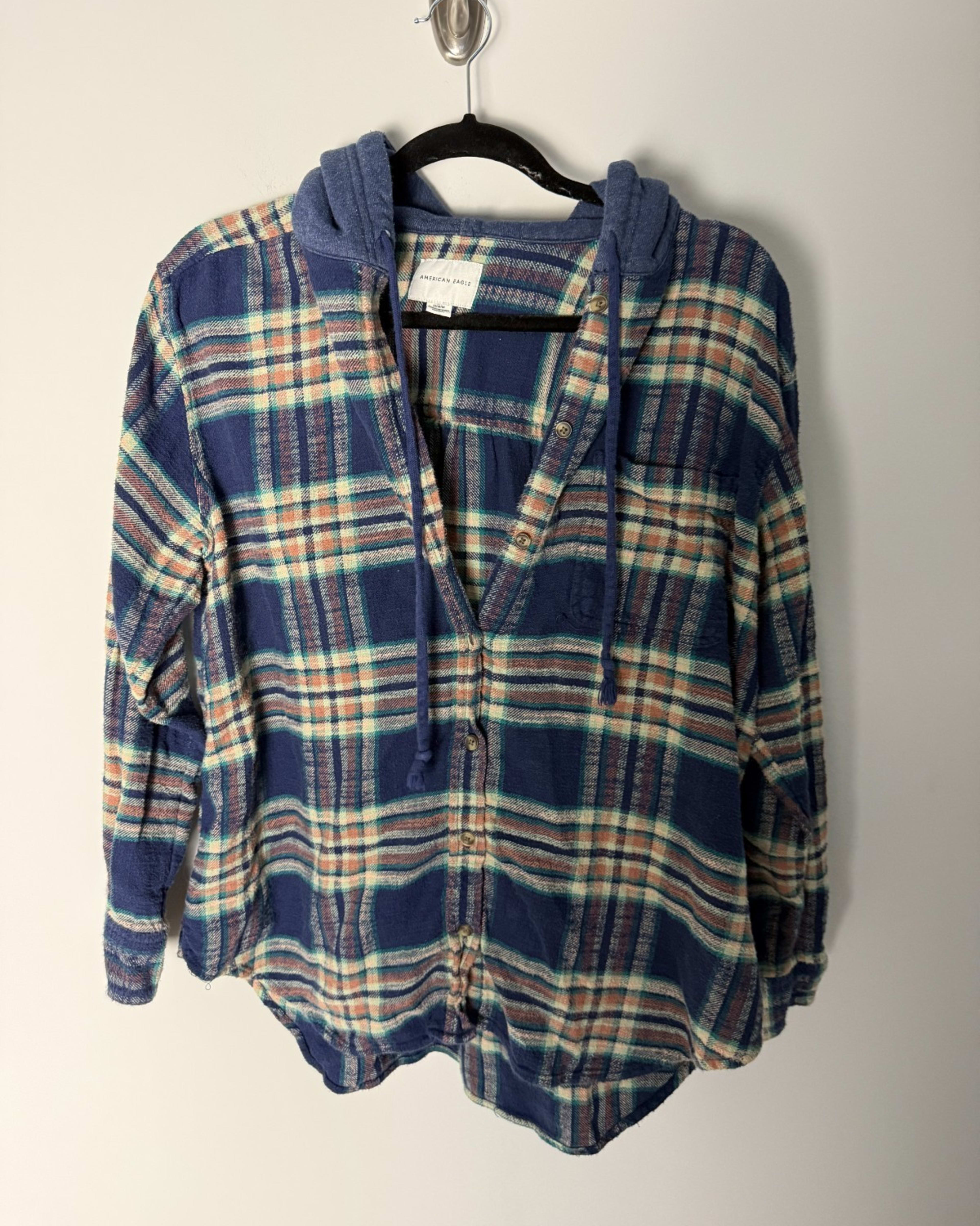 American Eagle Hooded Flannel Shirt Mens M Blue Drawstring Casual
