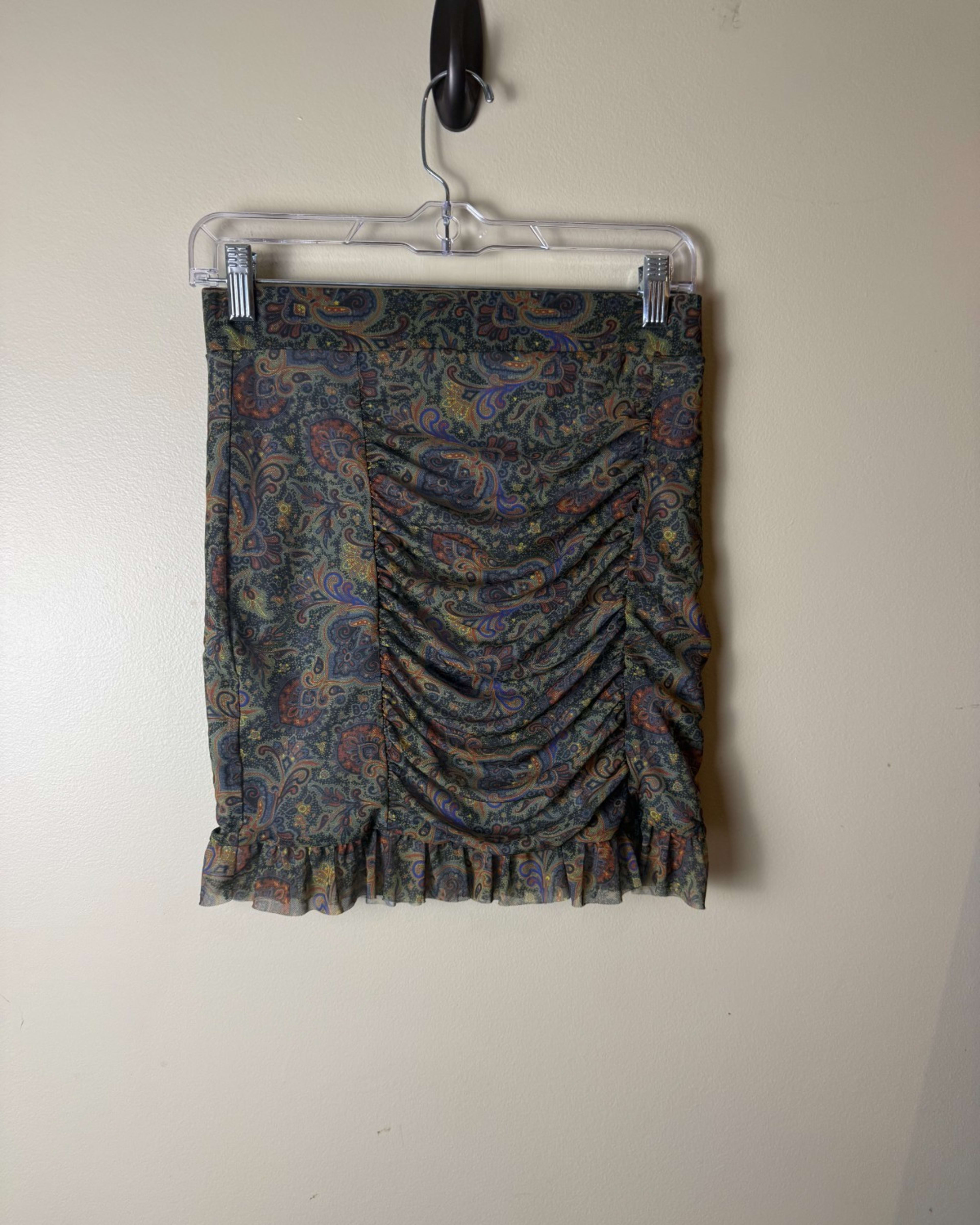Free People “Romi” Mini Skirt Paisley Print Ruched Ruffle Hem Women S Multicolor