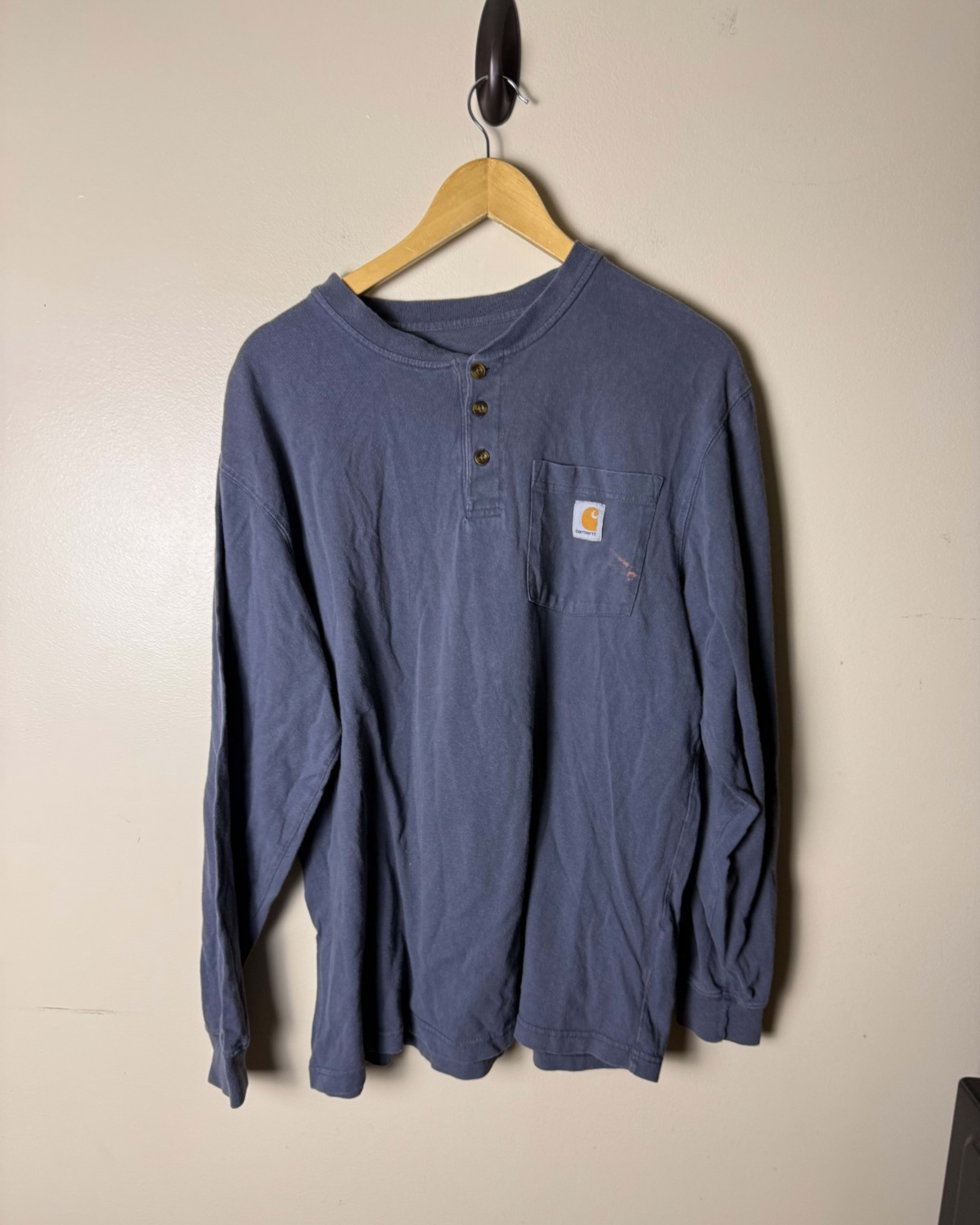 Carhartt Original Fit 1/4 Button Logo Pocket T Shirt Mens XL Blue Long Sleeve