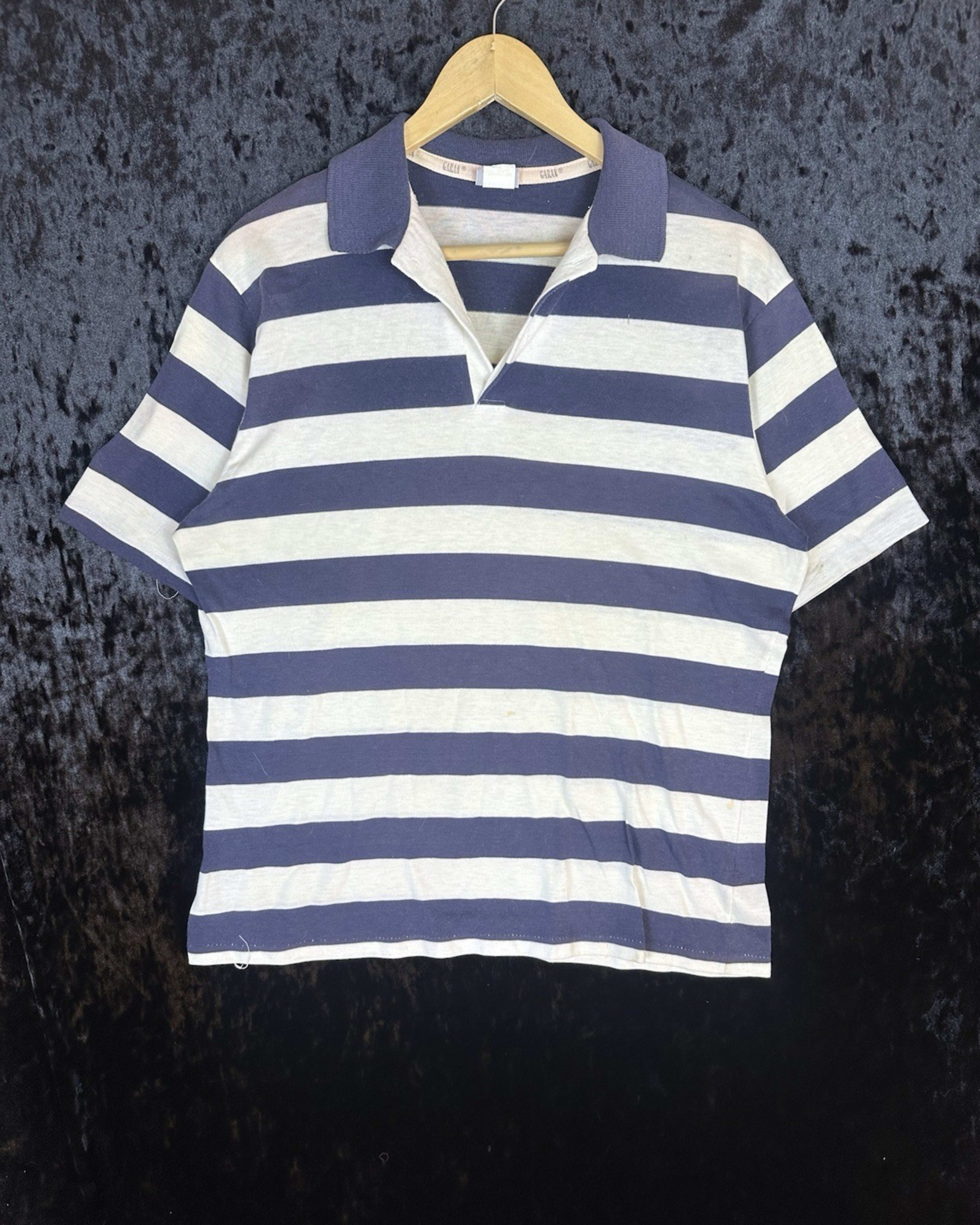 Vintage The Garan Man Polo Shirt Mens XL Blue Striped Short Sleeve Cotton 80s