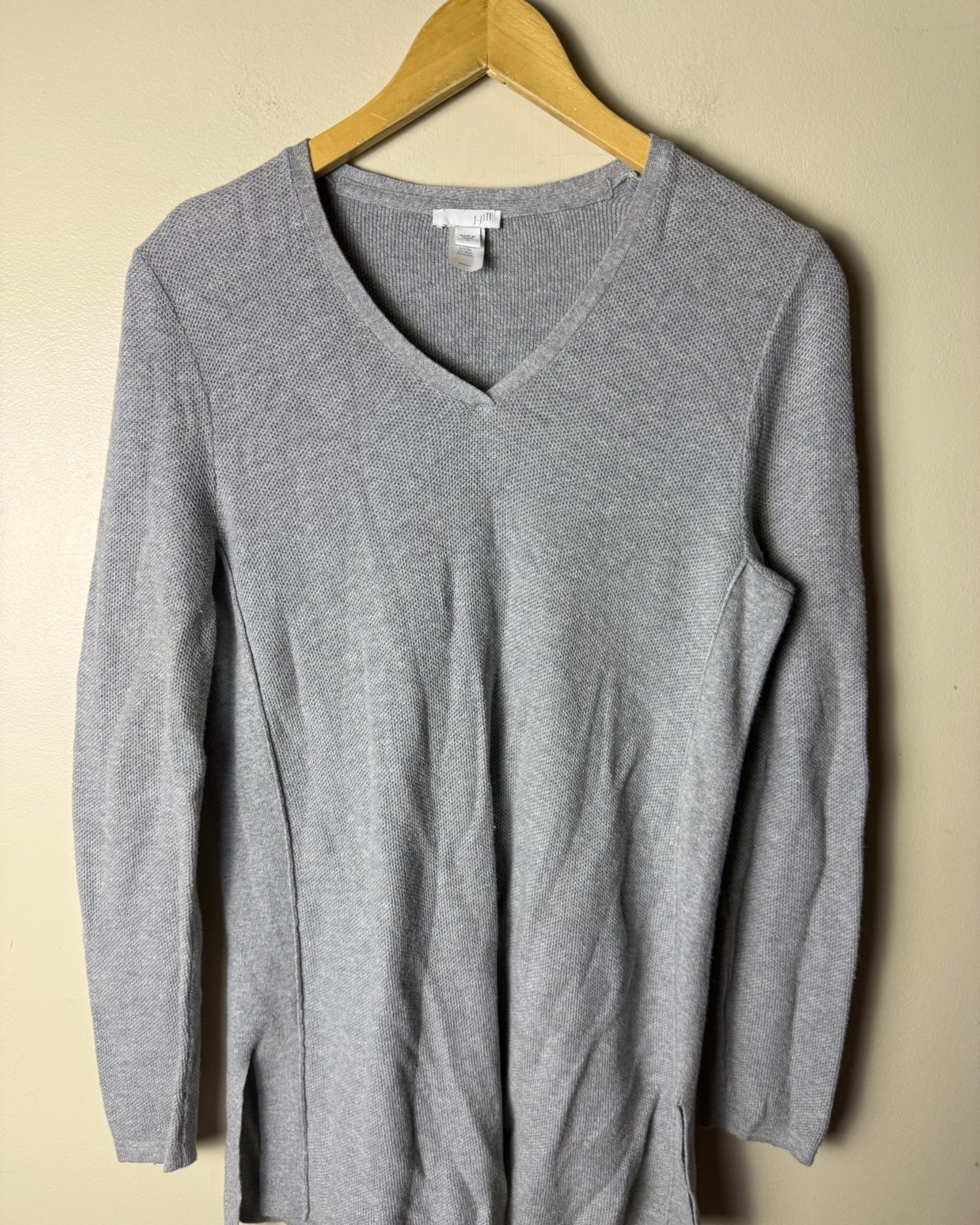 J Jill Silk Wool Blend Sweater Womens S  Gray V-Neck Lightweight Split Hem
