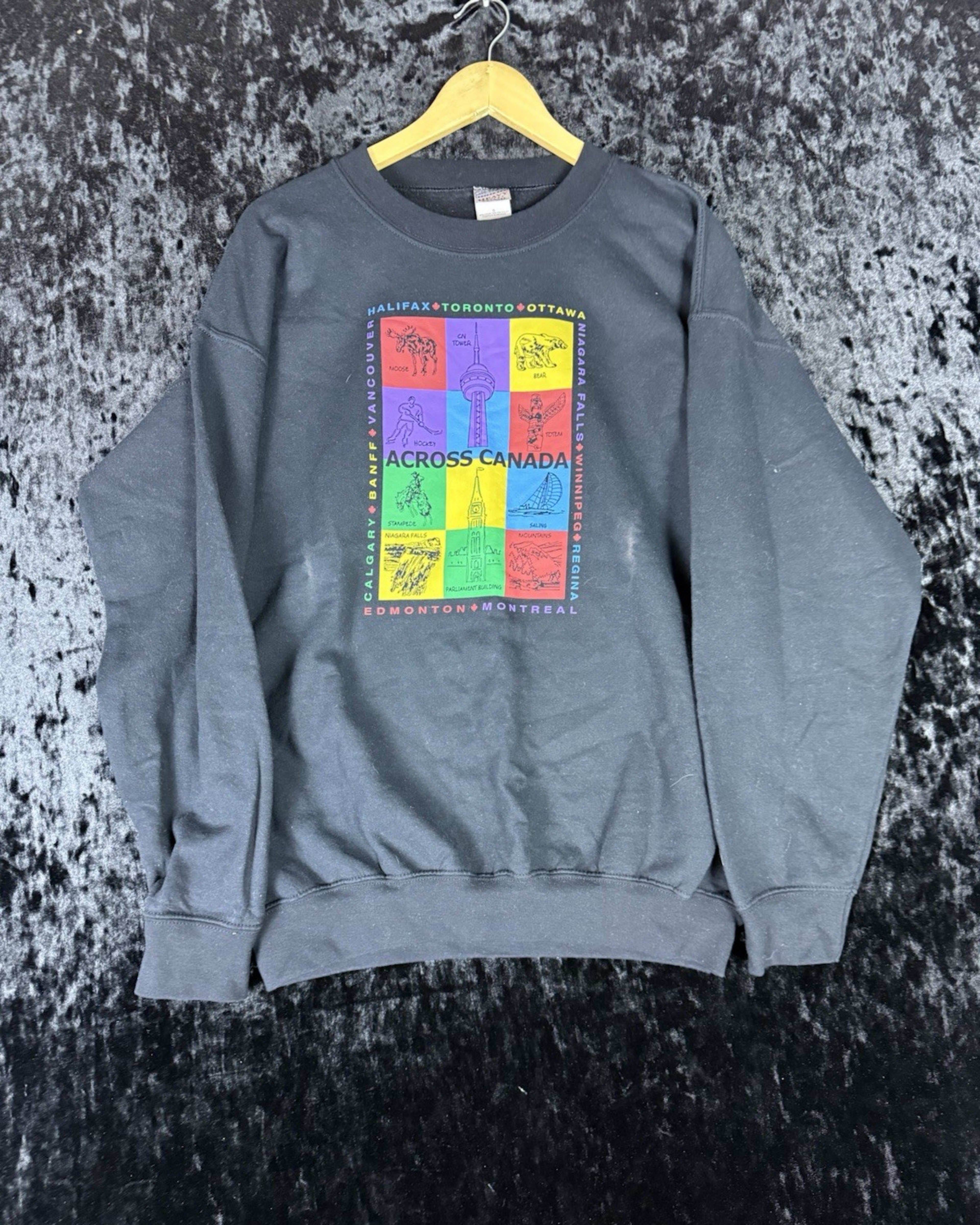 Vintage Canada Embroidered Pullover Sweatshirt Mens L Black Colorful Graphic